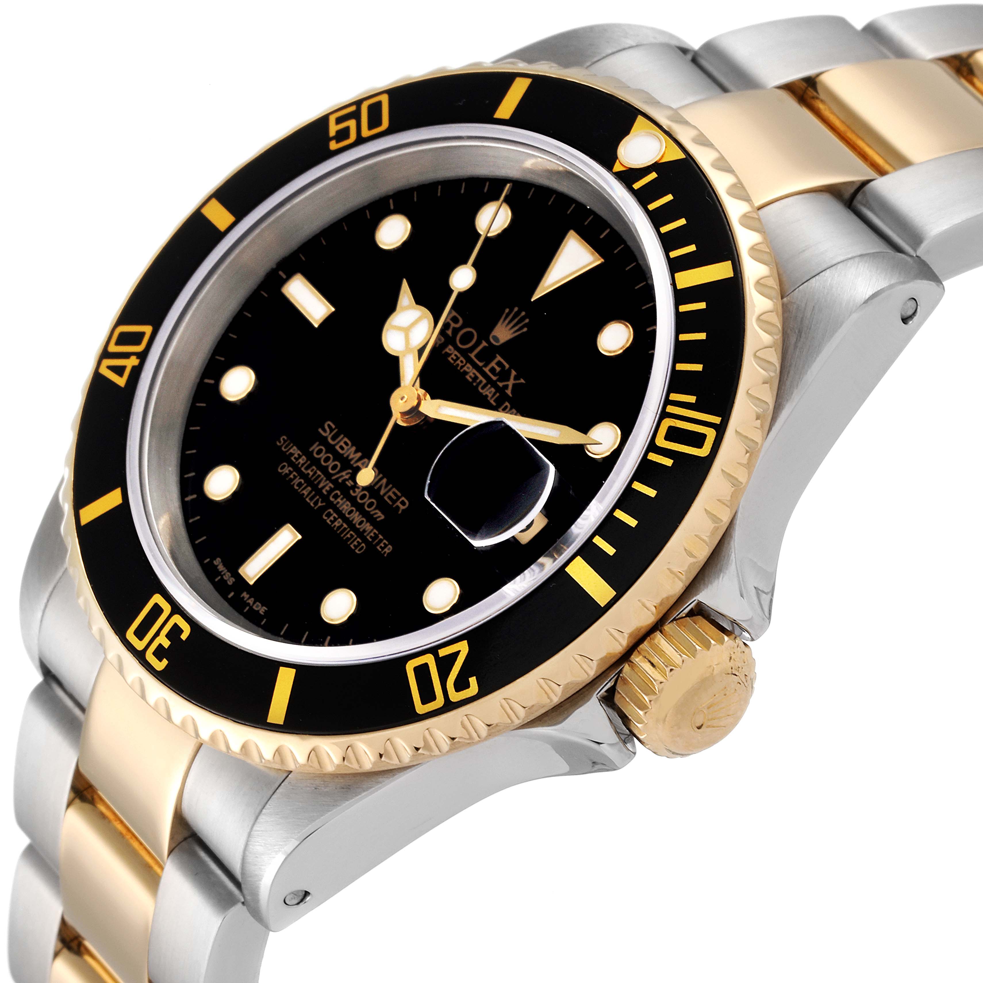 The Rolex Submariner 16613 Men's Steel and Gold (two tone) Black Dial 16613 Men's Steel and Gold (two tone) Black Dial watch is shown at an angled view highlighting the bezel, dial, crown, and part of the bracelet.