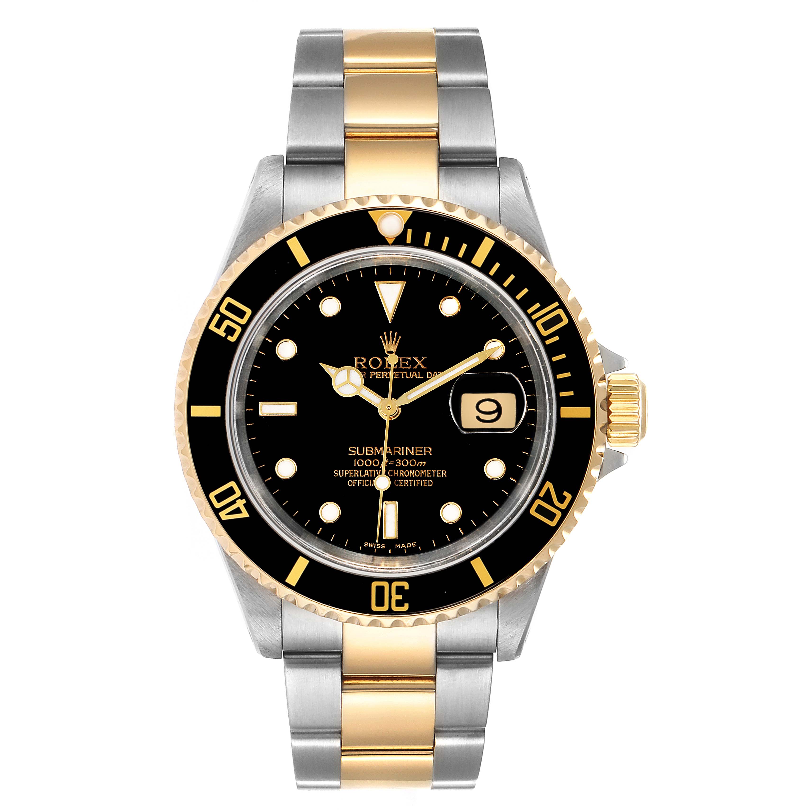 The image shows a front view of the Rolex Submariner 16613 Men's Steel and Gold (two tone) Black Dial 16613 Men's Steel and Gold (two tone) Black Dial watch, detailing the bezel, dial, hands, bracelet, and crown.