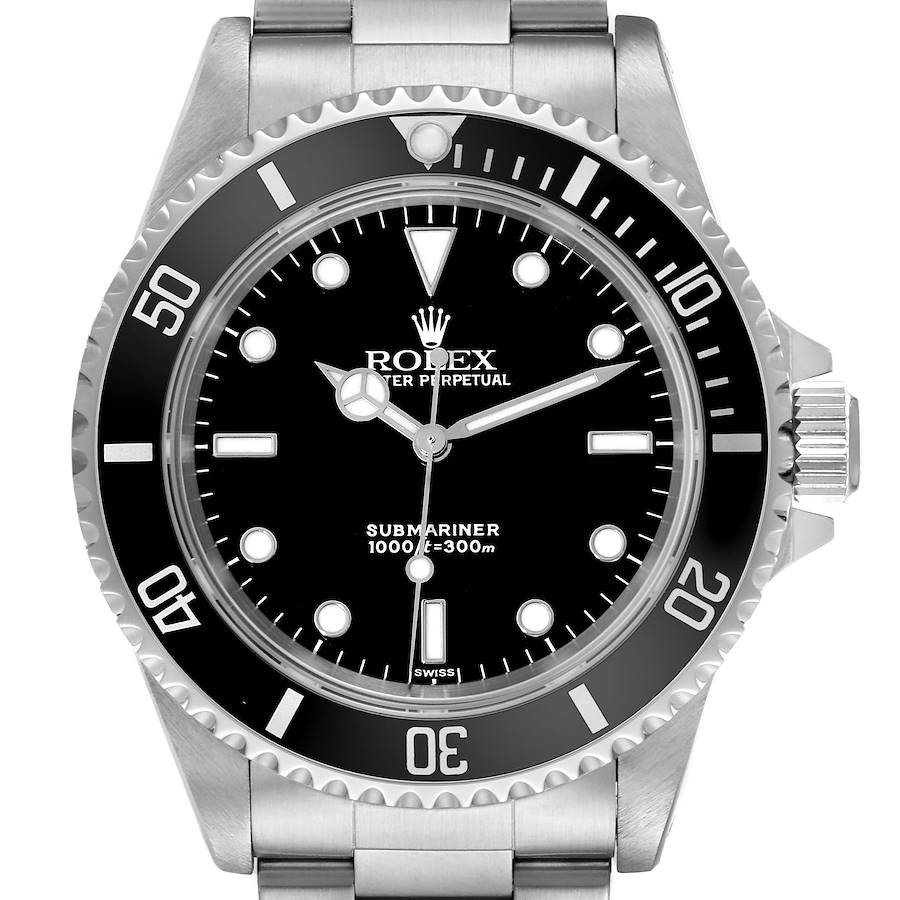 The image shows a front view of a Rolex Submariner watch, highlighting the dial, bezel, and part of the bracelet.