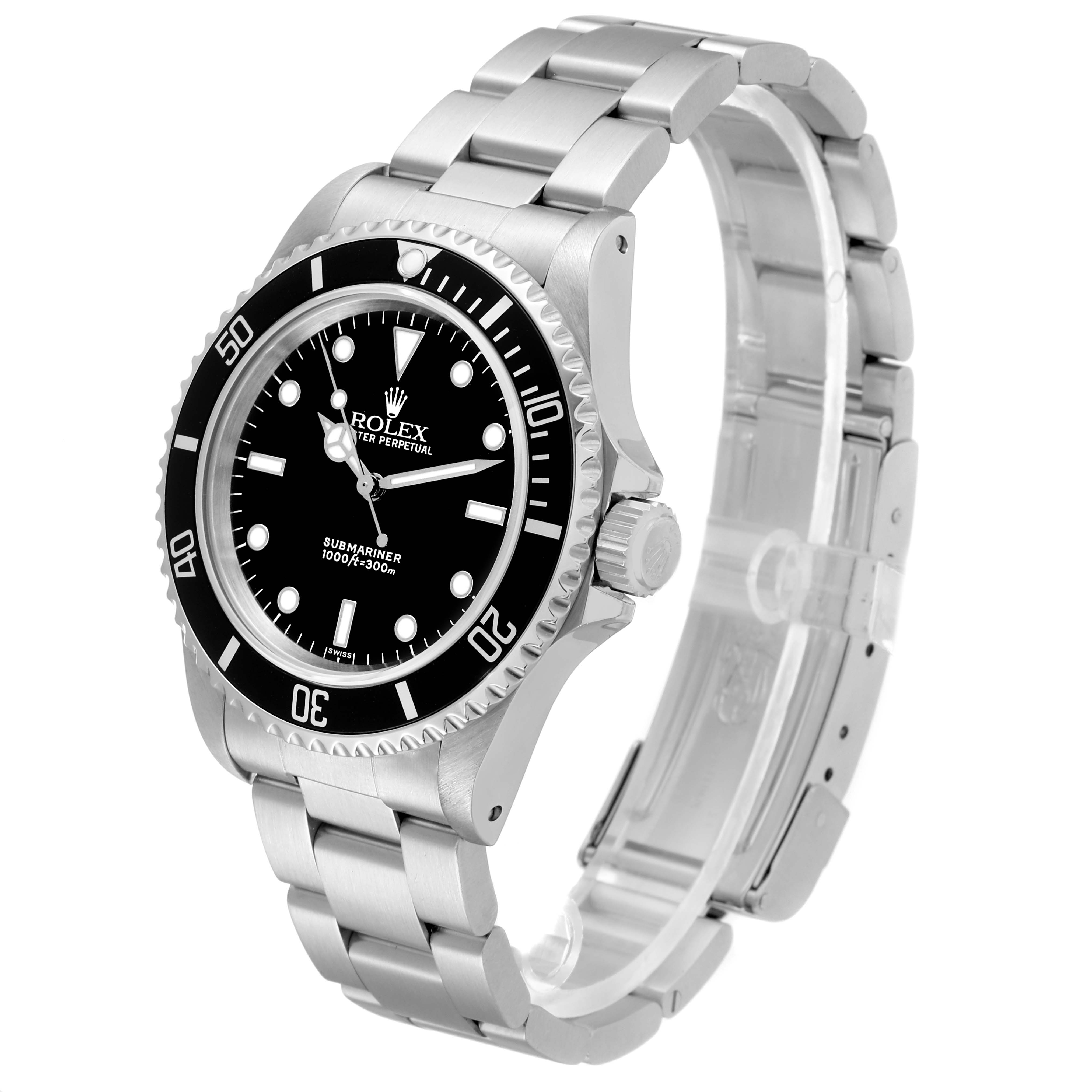 This image shows a Rolex Submariner 14060 Men's Stainless Steel Black Dial 14060 Men's Stainless Steel Black Dial watch at an angled side view, focusing on the bezel, dial, and bracelet.