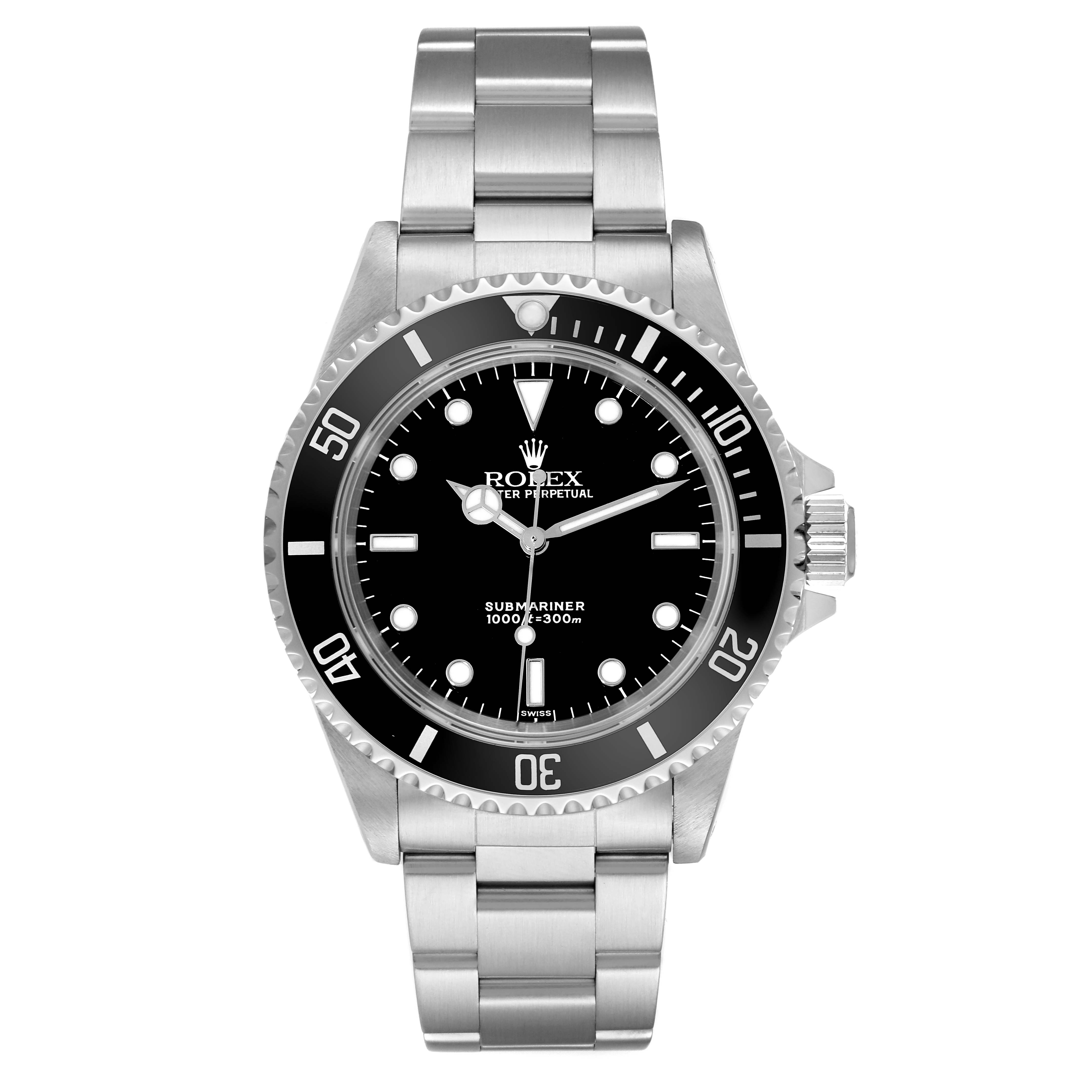 This image shows a front view of the Rolex Submariner 14060 Men's Stainless Steel Black Dial 14060 Men's Stainless Steel Black Dial, displaying the dial, bezel, and bracelet.