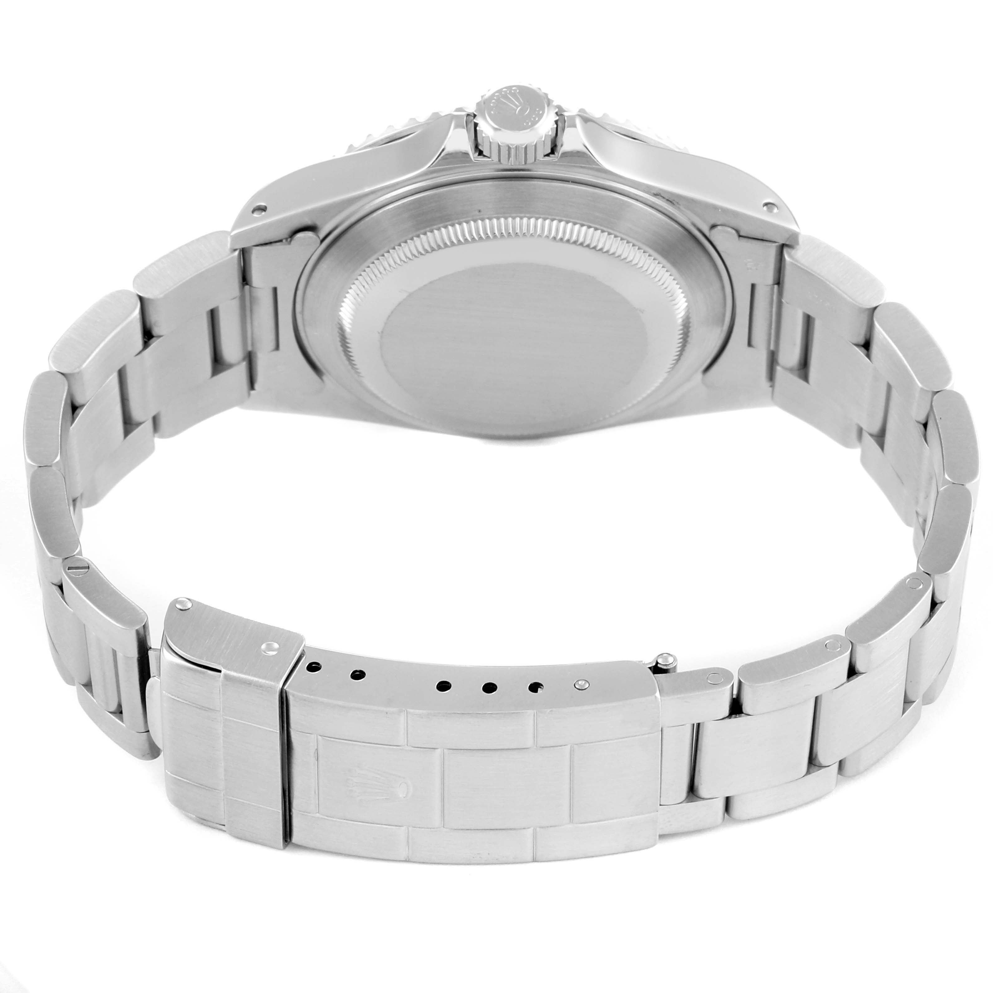 The image shows the back view of a Rolex Submariner 14060 Men's Stainless Steel Black Dial 14060 Men's Stainless Steel Black Dial watch, highlighting its case back, bracelet, and clasp.