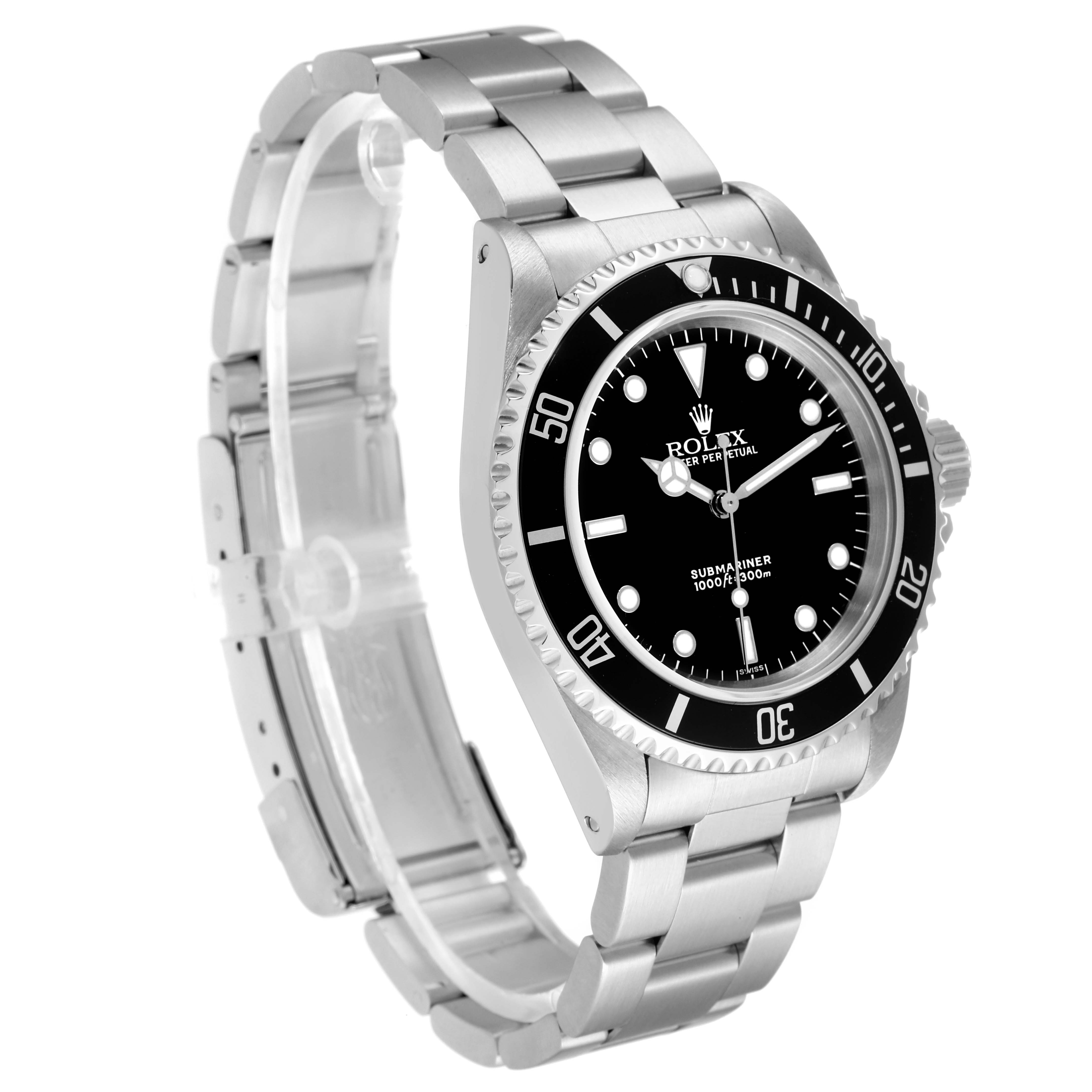 The image shows a side angle view of the Rolex Submariner 14060 Men's Stainless Steel Black Dial 14060 Men's Stainless Steel Black Dial watch, highlighting the bracelet and the black dial.