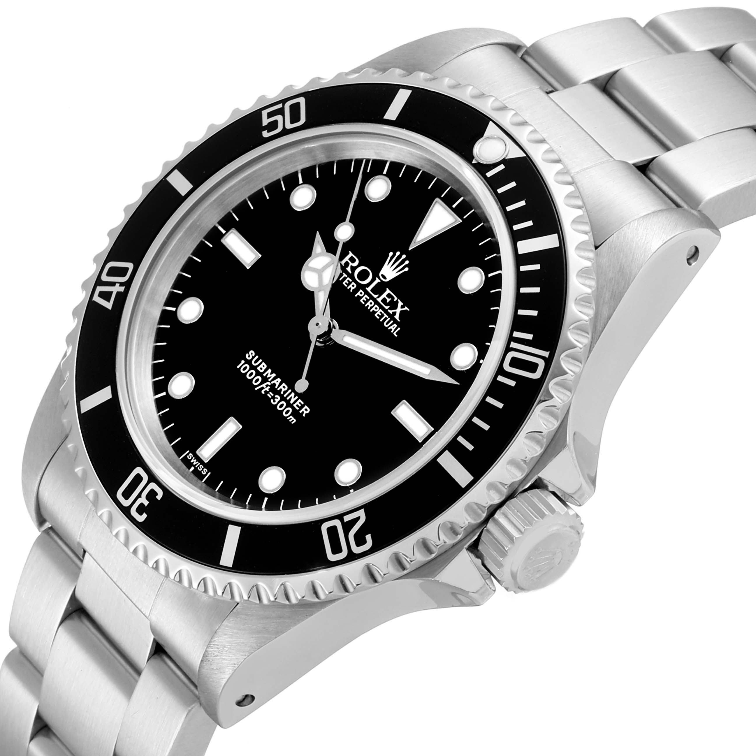 The image shows a Rolex Submariner 14060 Men's Stainless Steel Black Dial 14060 Men's Stainless Steel Black Dial watch from a tilted angle, displaying the face, bezel, and part of the bracelet.