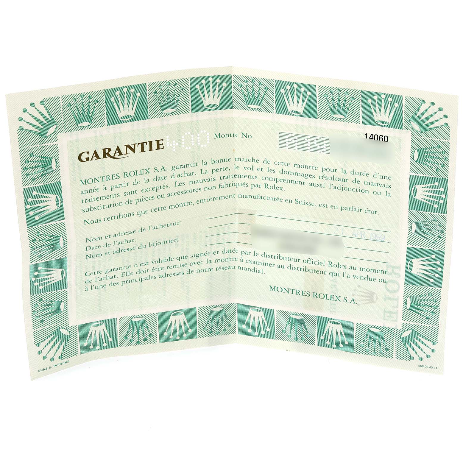 The image shows the warranty certificate for a Rolex Submariner 14060 Men's Stainless Steel Black Dial 14060 Men's Stainless Steel Black Dial model.