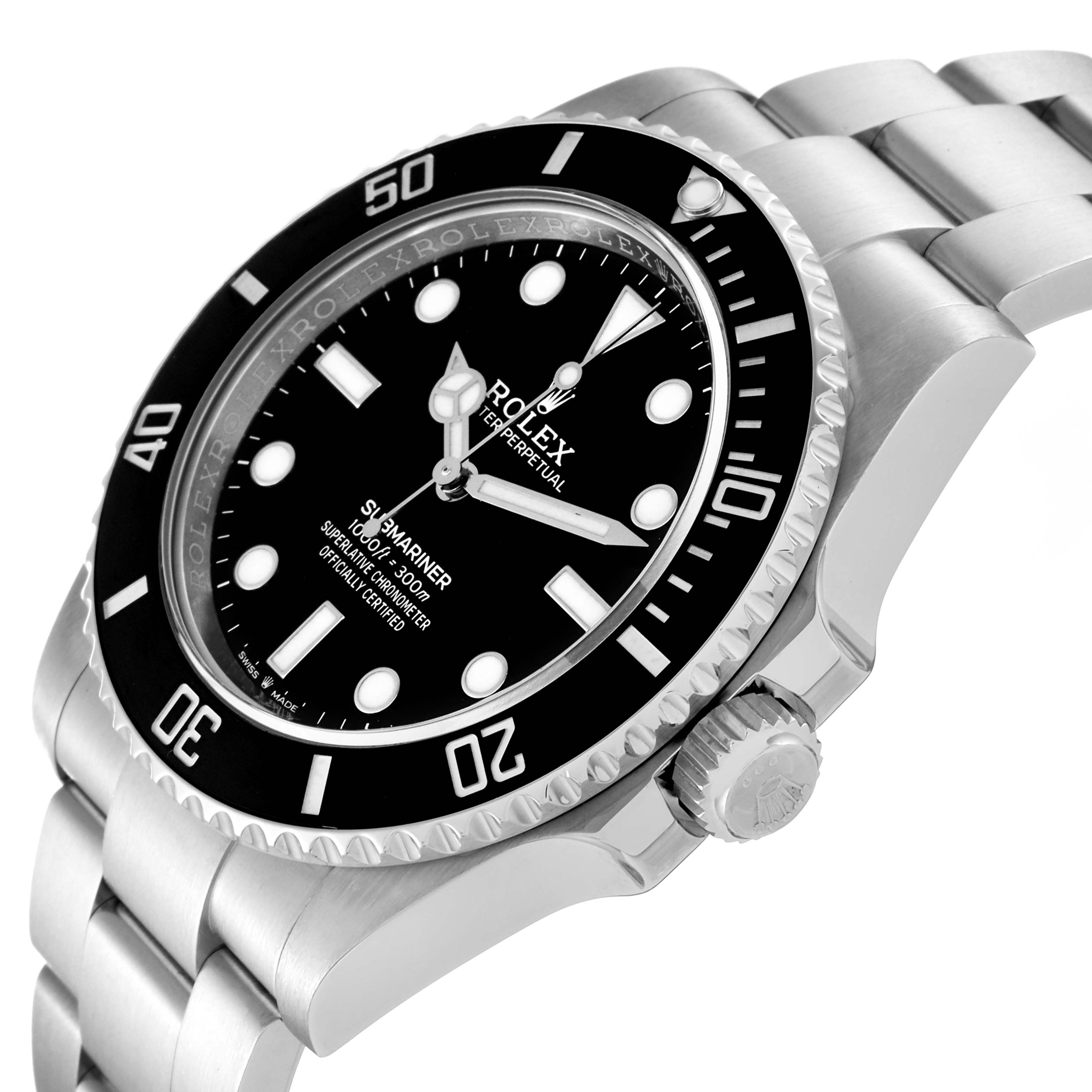 The image shows a Rolex Submariner 124060 Men's Stainless Steel Black Dial 124060 Men's Stainless Steel Black Dial watch at a three-quarter angle highlighting the bezel, dial, crown, and bracelet.