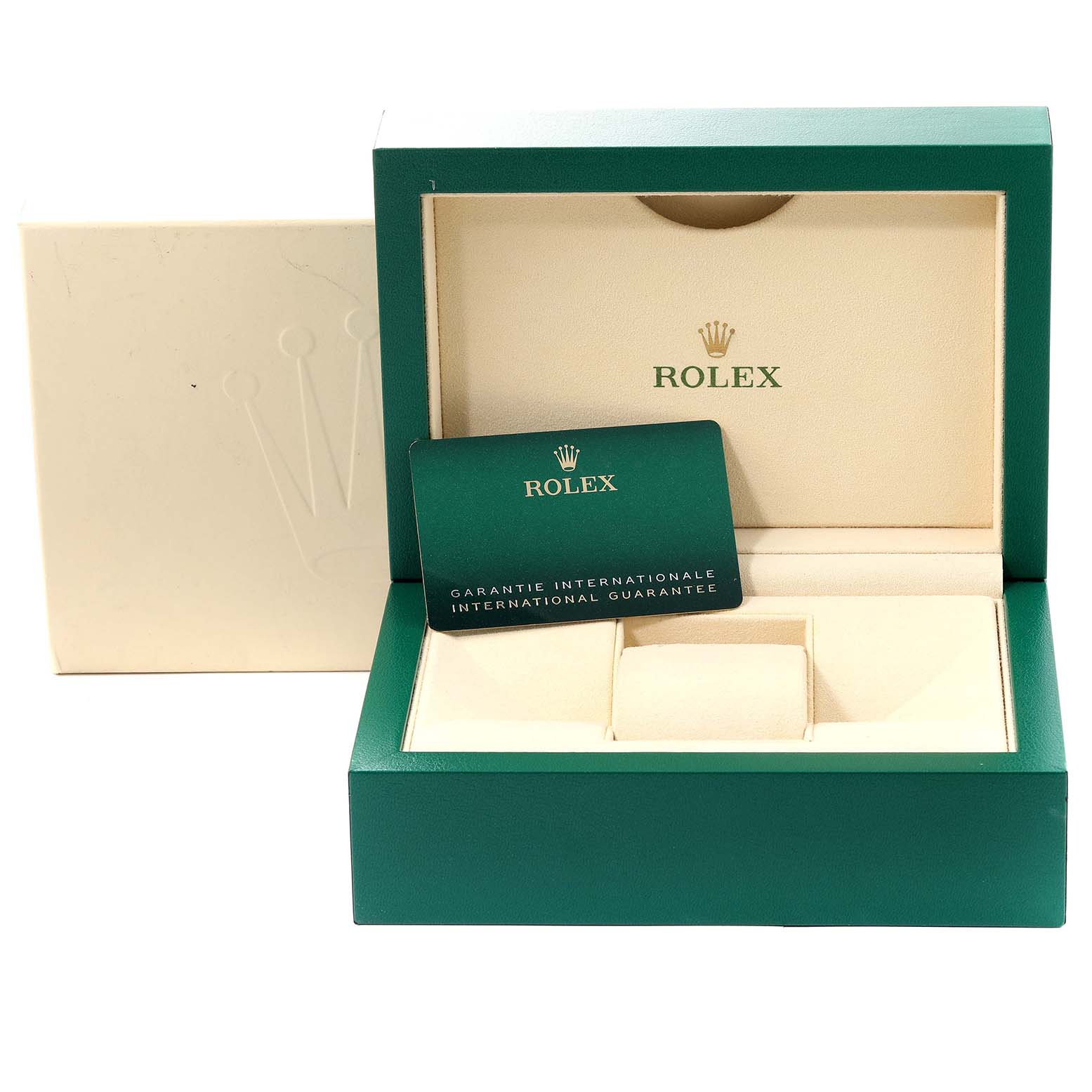 The image shows the packaging of a Rolex Submariner 124060 Men's Stainless Steel Black Dial 124060 Men's Stainless Steel Black Dial, including the watch box, outer box, and international guarantee card.