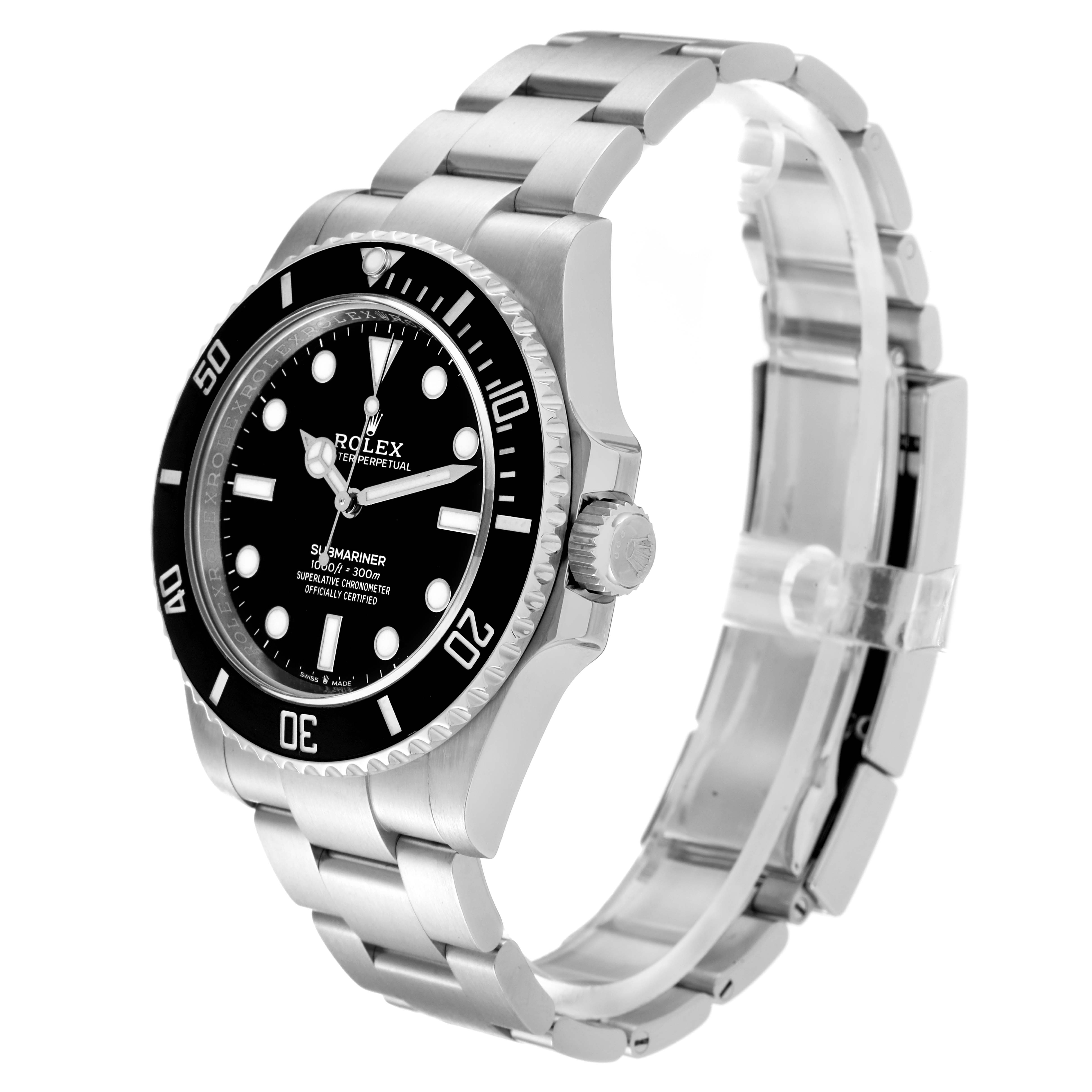 This image shows a side and angled view of the Rolex Submariner 124060 Men's Stainless Steel Black Dial 124060 Men's Stainless Steel Black Dial, highlighting the bracelet, bezel, and crown.