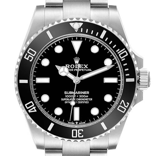 The image shows a front view of a Rolex Submariner watch, highlighting the face, bezel, and part of the bracelet.