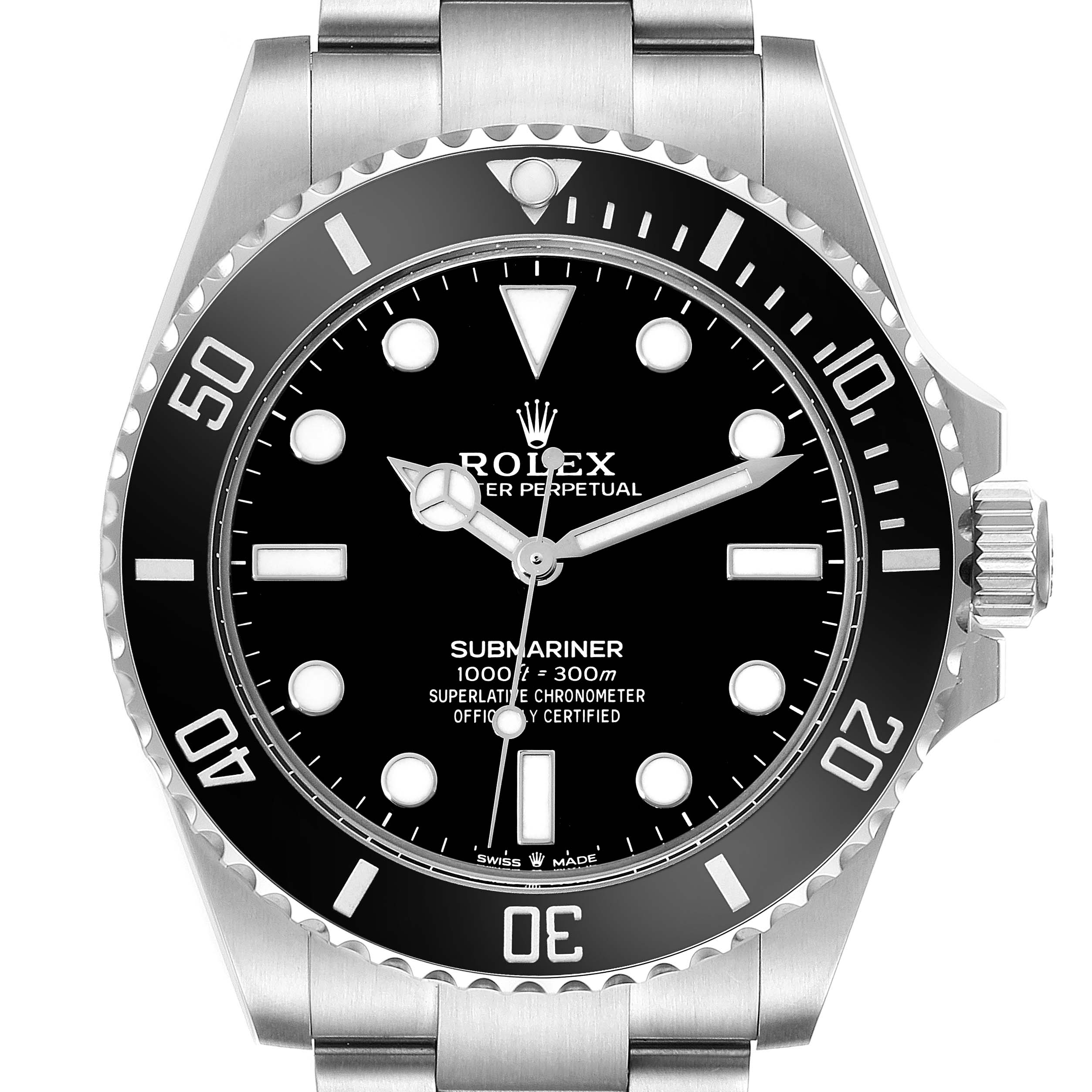 This image shows a front view of a Rolex Submariner 124060 Men's Stainless Steel Black Dial 124060 Men's Stainless Steel Black Dial watch, highlighting the dial, bezel, crown, and part of the bracelet.