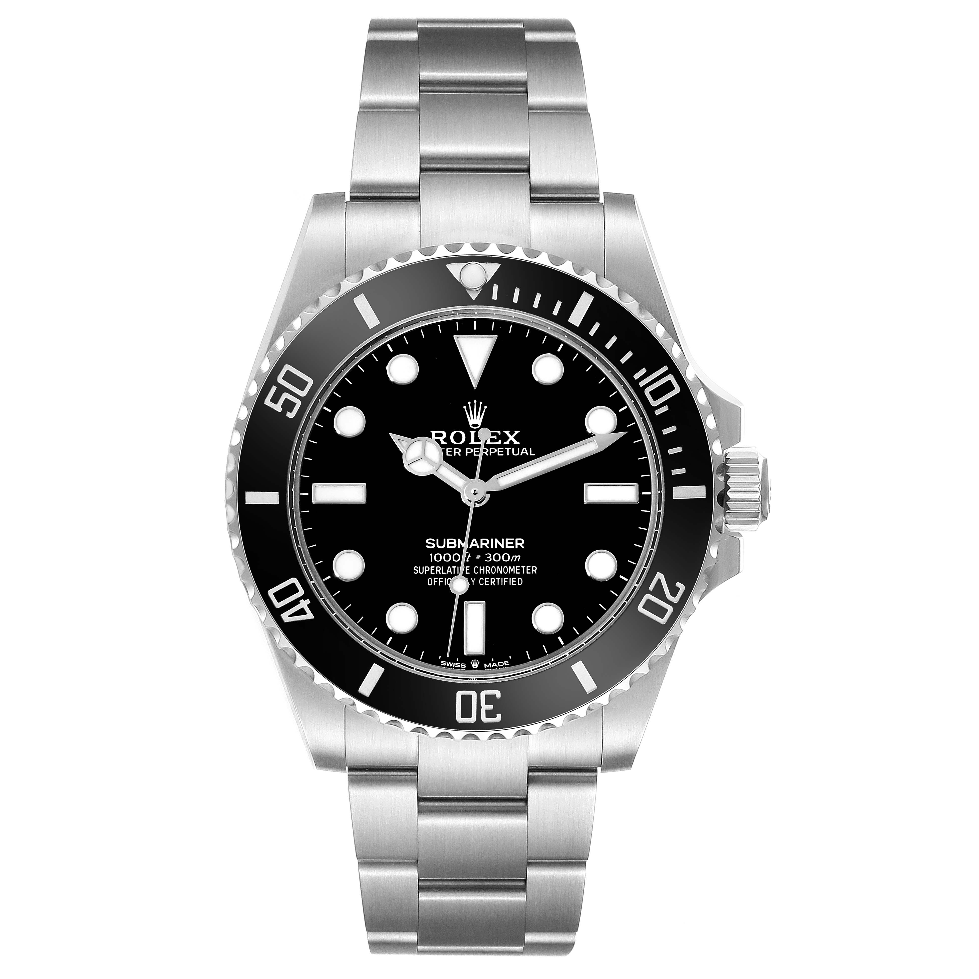 This image shows a front view of a Rolex Submariner 124060 Men's Stainless Steel Black Dial 124060 Men's Stainless Steel Black Dial watch, displaying its black dial, luminescent markers, and stainless steel bracelet.