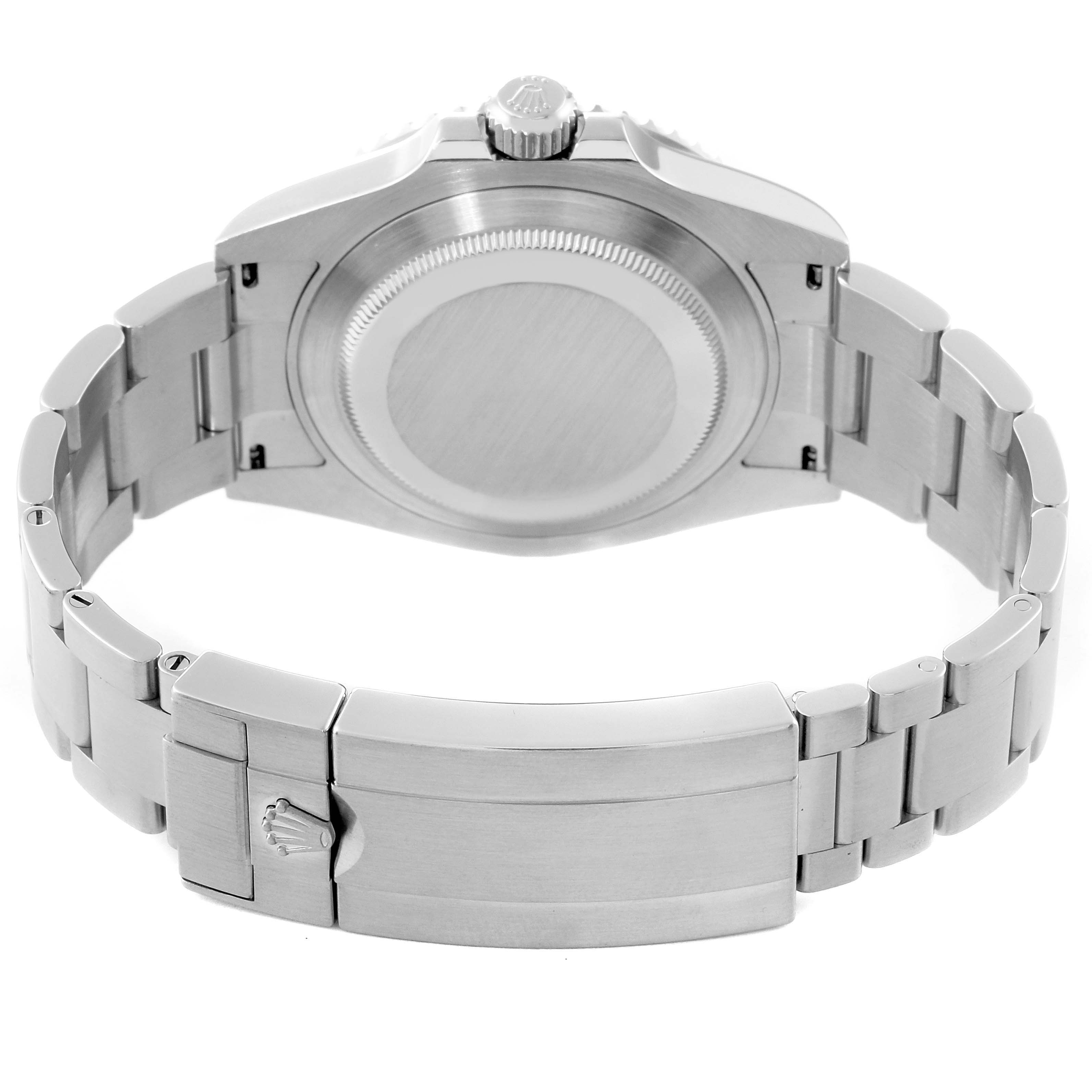 This image shows the back view of a Rolex Submariner 124060 Men's Stainless Steel Black Dial 124060 Men's Stainless Steel Black Dial watch, displaying the case back and the clasp on the bracelet.