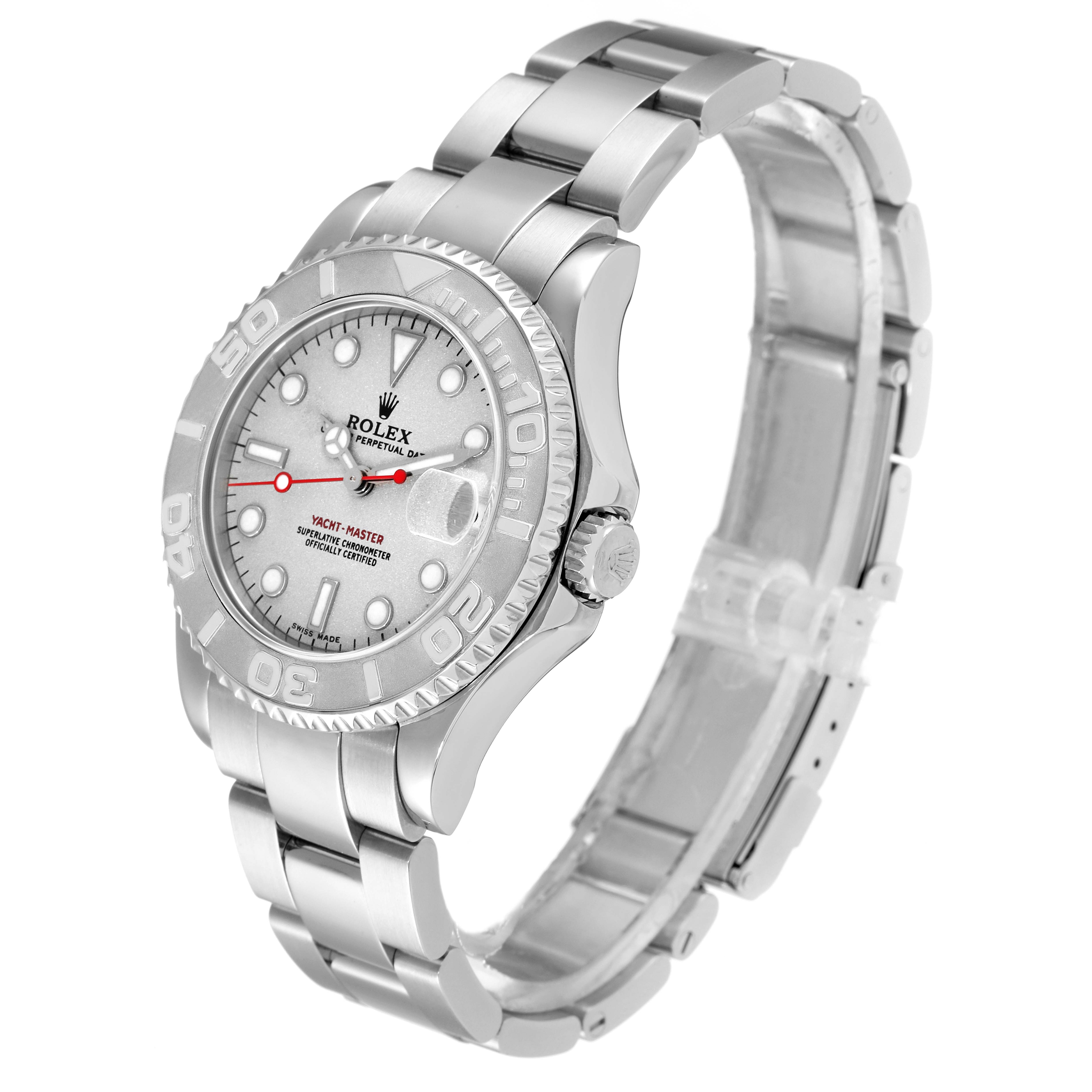 The image shows a three-quarter view of the Rolex Yacht-Master 168622 Men's Stainless Steel Silver Dial 168622 Men's Stainless Steel Silver Dial watch displaying the face, bezel, crown, and bracelet.