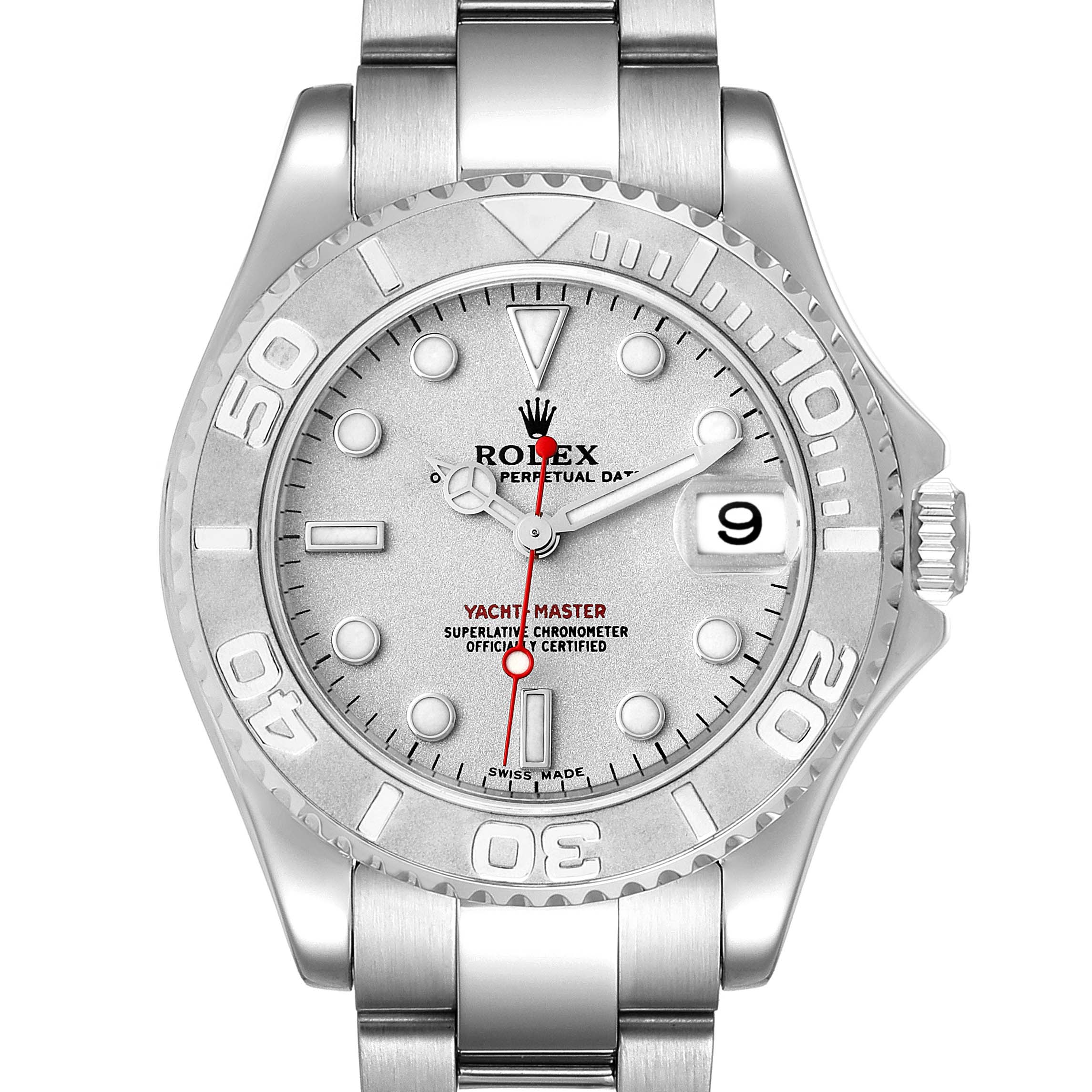 The image shows a Rolex Yacht-Master 168622 Men's Stainless Steel Silver Dial 168622 Men's Stainless Steel Silver Dial watch from a front angle, displaying its face, bezel, and part of the bracelet.