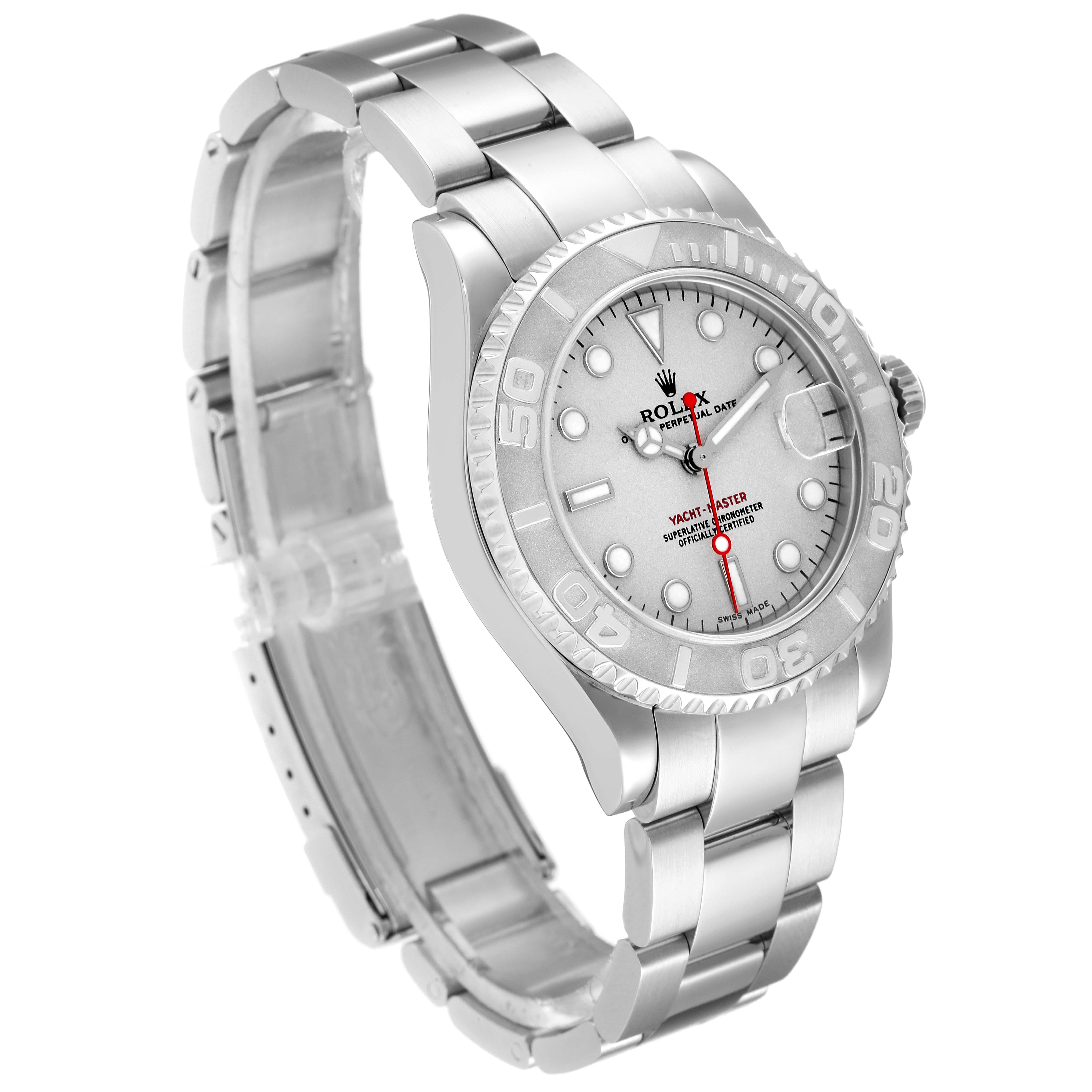 The Rolex Yacht-Master 168622 Men's Stainless Steel Silver Dial 168622 Men's Stainless Steel Silver Dial watch is shown at a three-quarter angle, displaying the face, bezel, and bracelet.