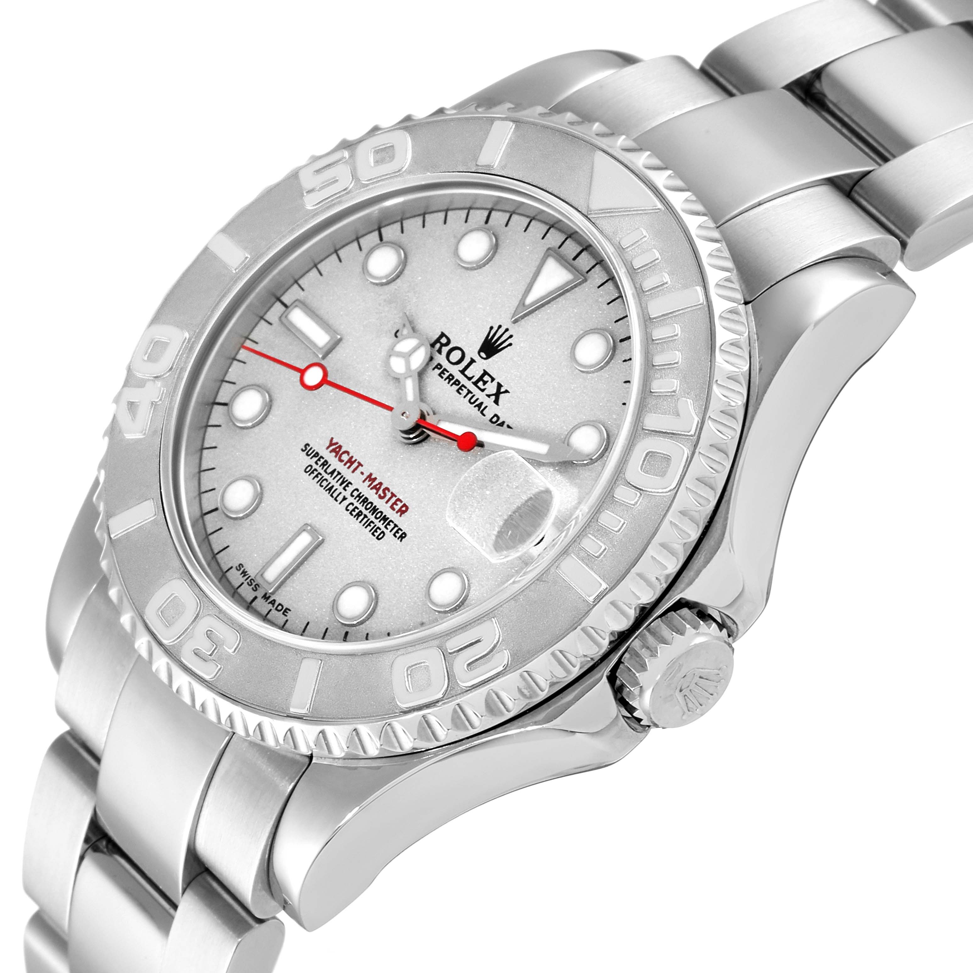 The Rolex Yacht-Master 168622 Men's Stainless Steel Silver Dial 168622 Men's Stainless Steel Silver Dial watch is shown at a three-quarter angle highlighting its dial, bezel, and bracelet.