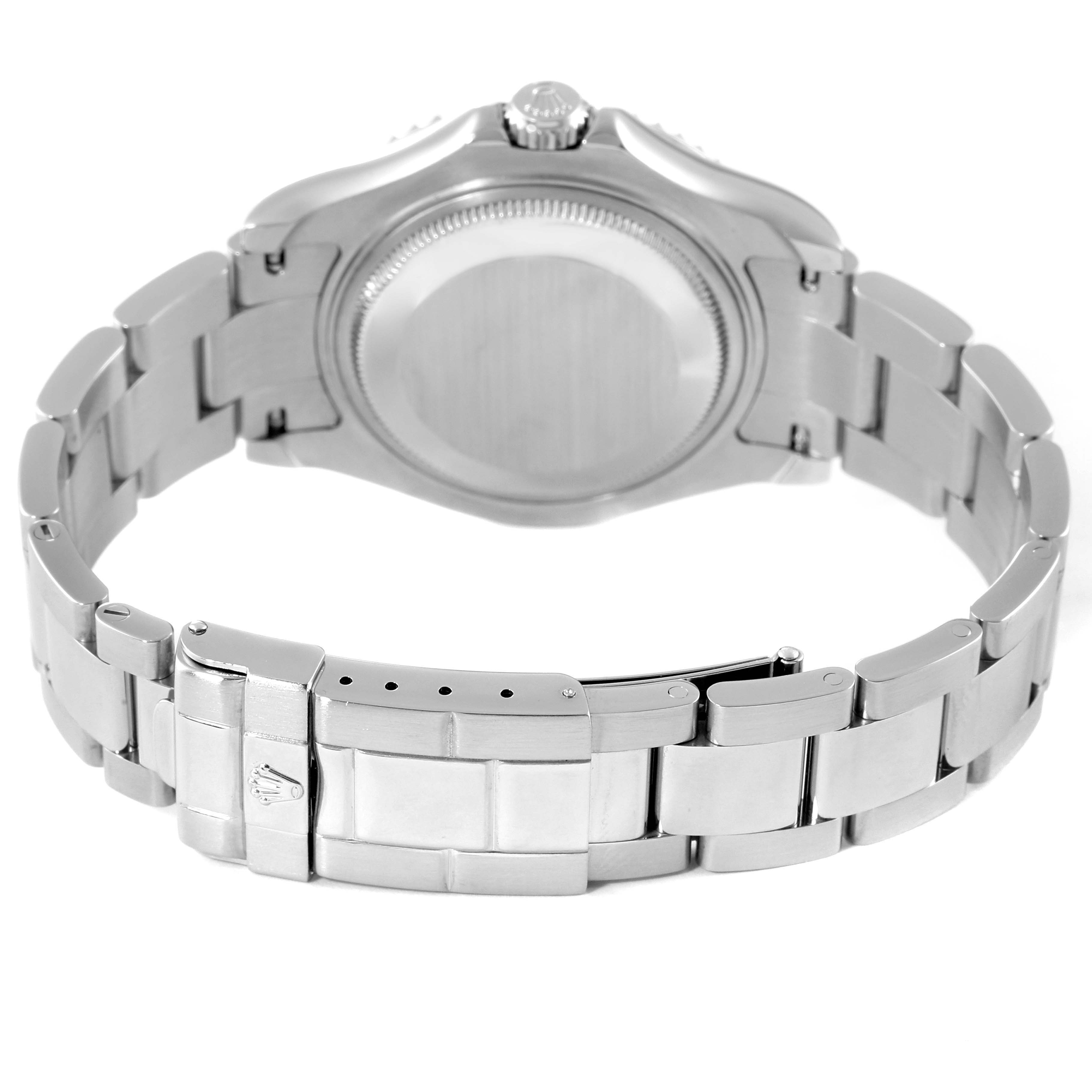 The image shows the back of the Rolex Yacht-Master 168622 Men's Stainless Steel Silver Dial 168622 Men's Stainless Steel Silver Dial watch, highlighting the case back and bracelet clasp.