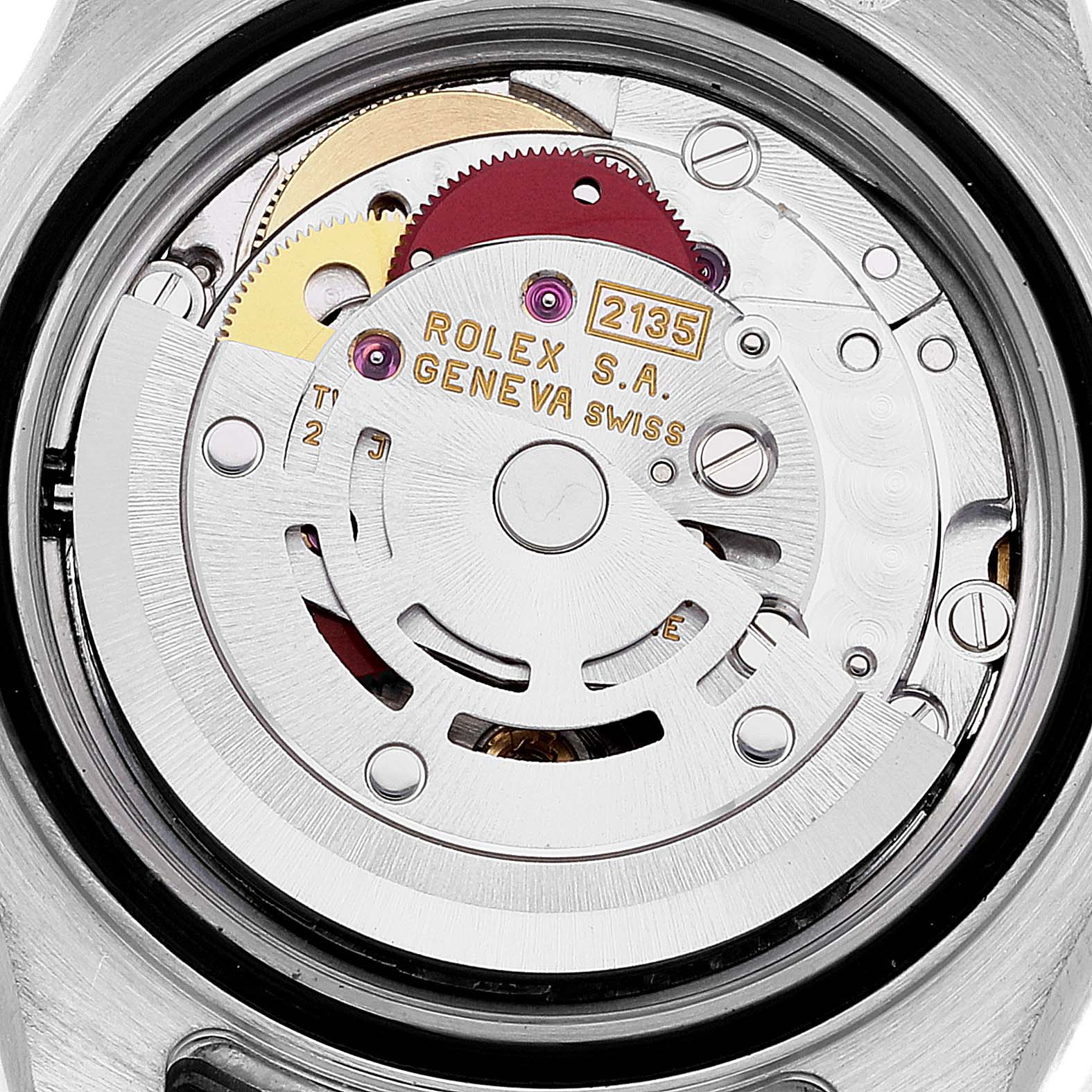 The image shows the internal mechanism and movement of a Rolex Yacht-Master 69623 Women's Steel and Gold (two tone) Champagne Dial 69623 Women's Steel and Gold (two tone) Champagne Dial watch, viewed from the back.