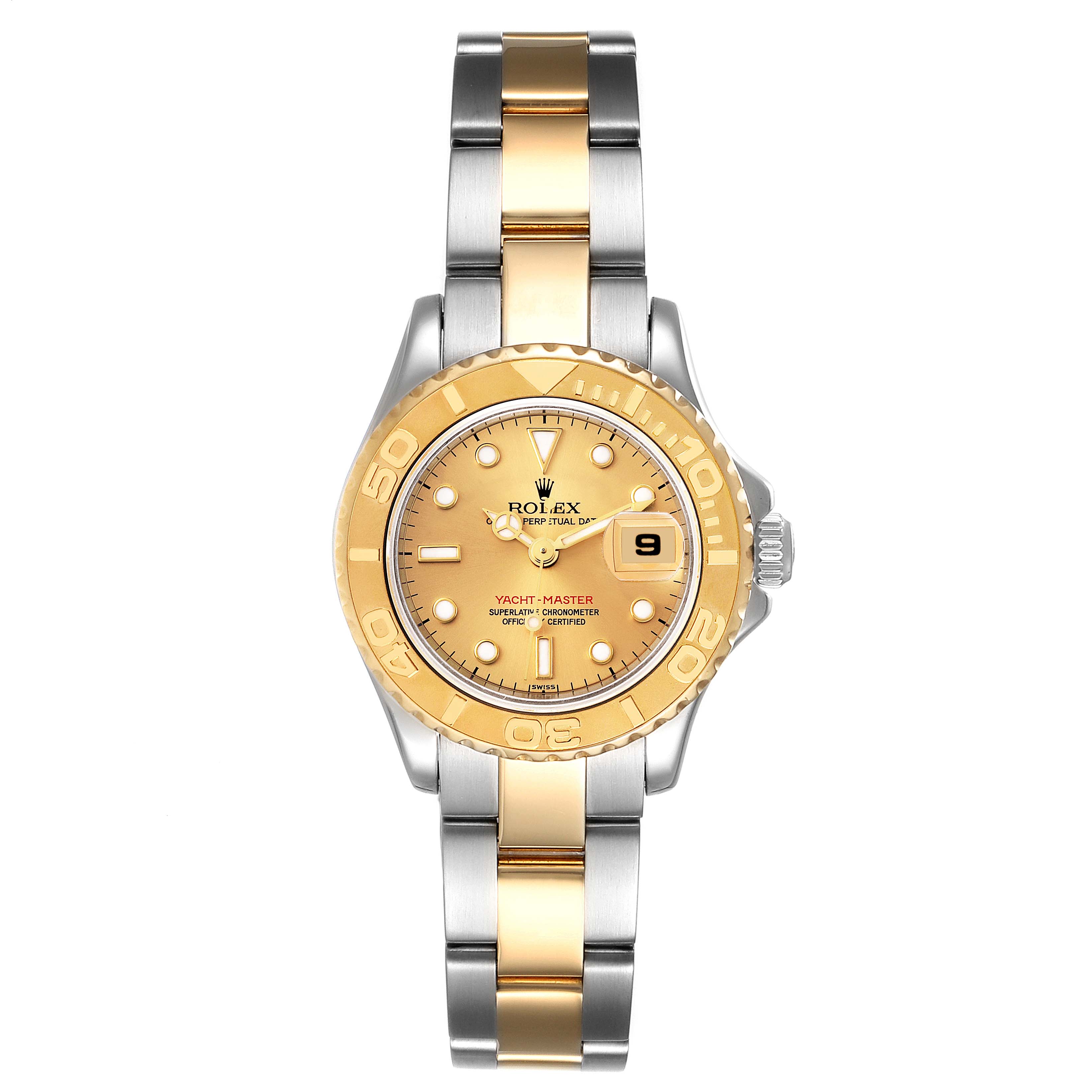 The image shows a front view of the Rolex Yacht-Master 69623 Women's Steel and Gold (two tone) Champagne Dial 69623 Women's Steel and Gold (two tone) Champagne Dial watch, highlighting its dial, bezel, bracelet, and date window.