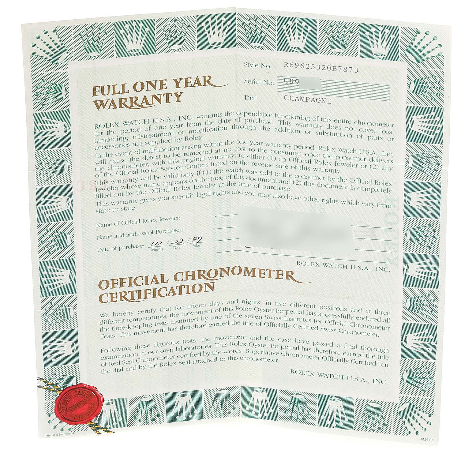 The image shows a full one-year warranty and Official Chronometer Certification for the Rolex Yacht-Master 69623 Women's Steel and Gold (two tone) Champagne Dial 69623 Women's Steel and Gold (two tone) Champagne Dial model.