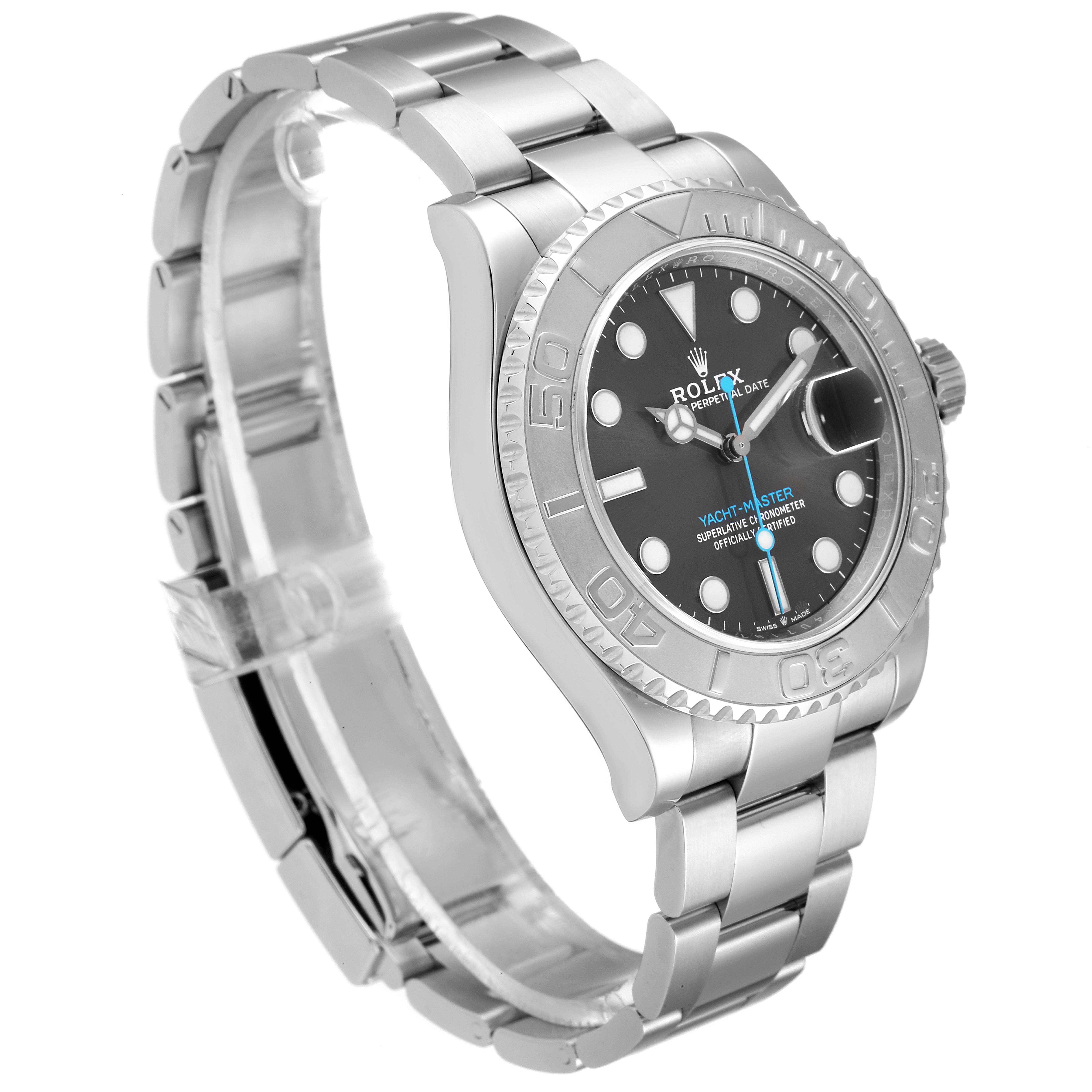 The image shows a side angle of a Rolex Yacht-Master 126622 Men
s Stainless Steel Grey Dial 126622 Men
s Stainless Steel Grey Dial watch, highlighting its bracelet, dial, and bezel.