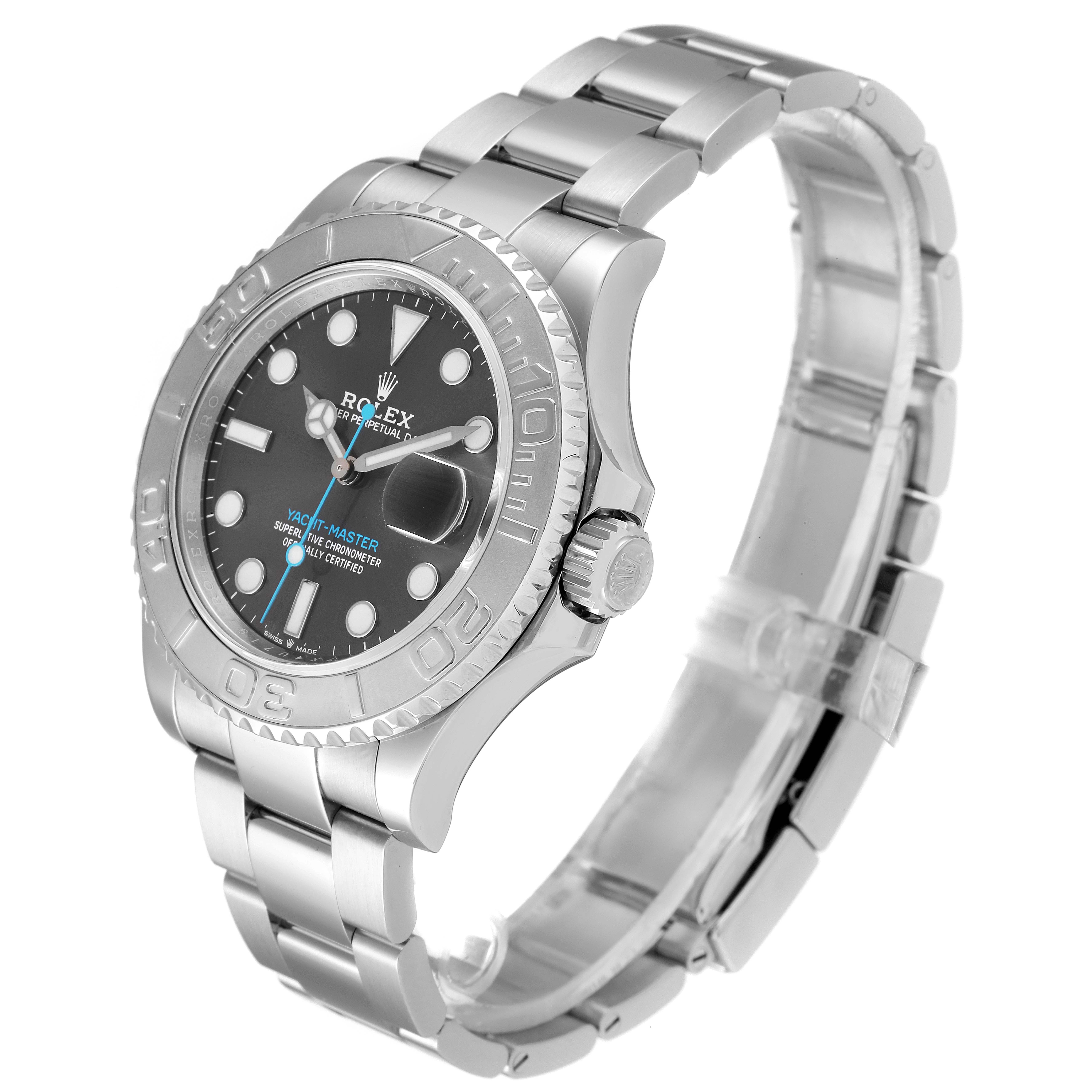 The Rolex Yacht-Master 126622 Men
s Stainless Steel Grey Dial 126622 Men
s Stainless Steel Grey Dial watch is shown at an angle displaying the face, bezel, crown, and stainless steel bracelet.