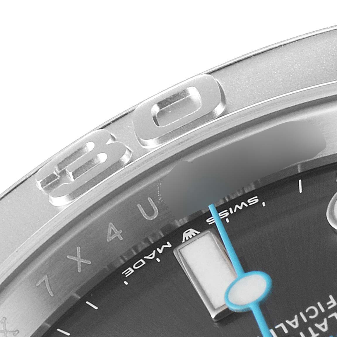 This close-up image of a Rolex Yacht-Master 126622 Men
s Stainless Steel Grey Dial 126622 Men
s Stainless Steel Grey Dial shows the bezel with the "30" marking and part of the dial with a blue second hand.