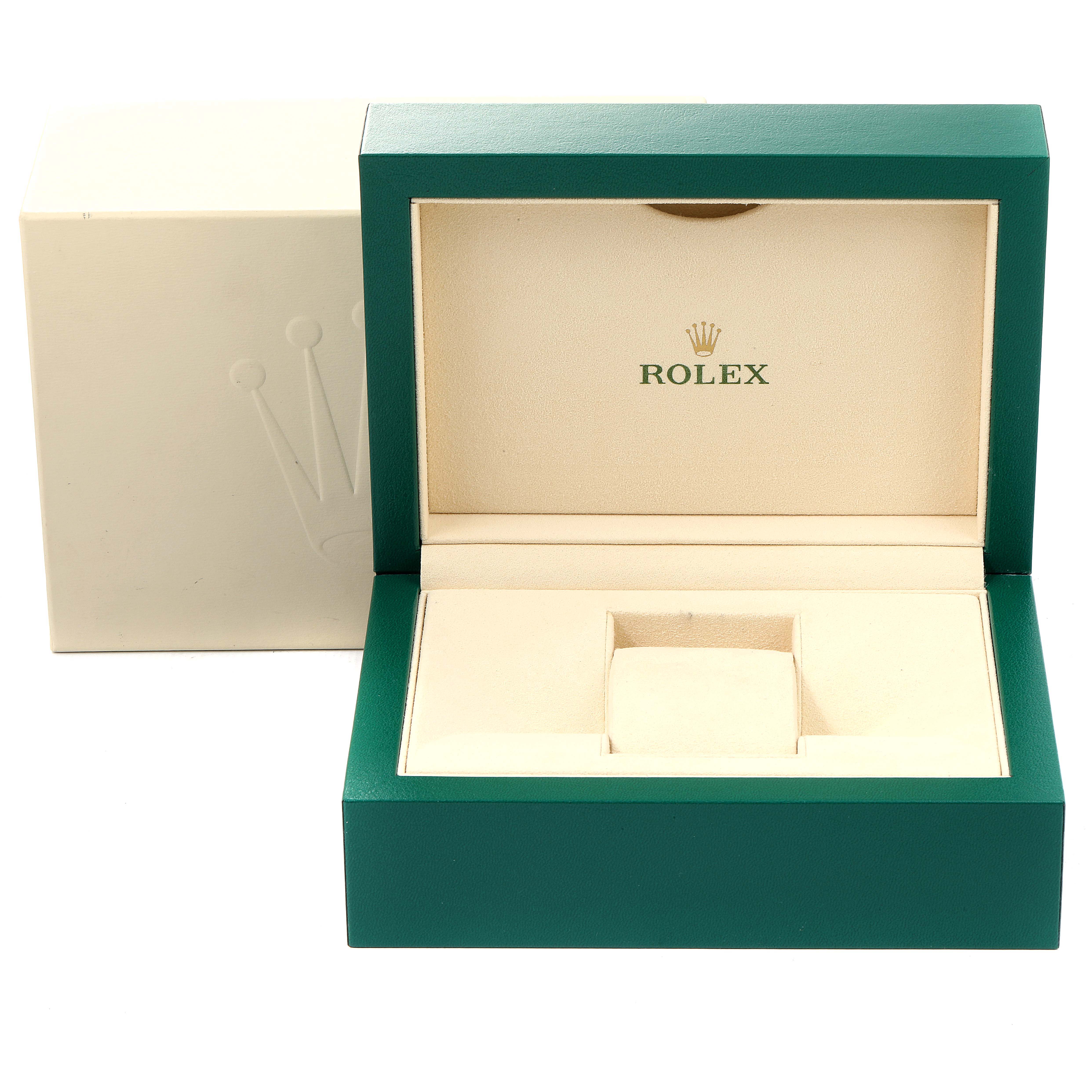 The image shows an open Rolex Yacht-Master 126622 Men
s Stainless Steel Grey Dial 126622 Men
s Stainless Steel Grey Dial watch box with green exterior and beige interior.