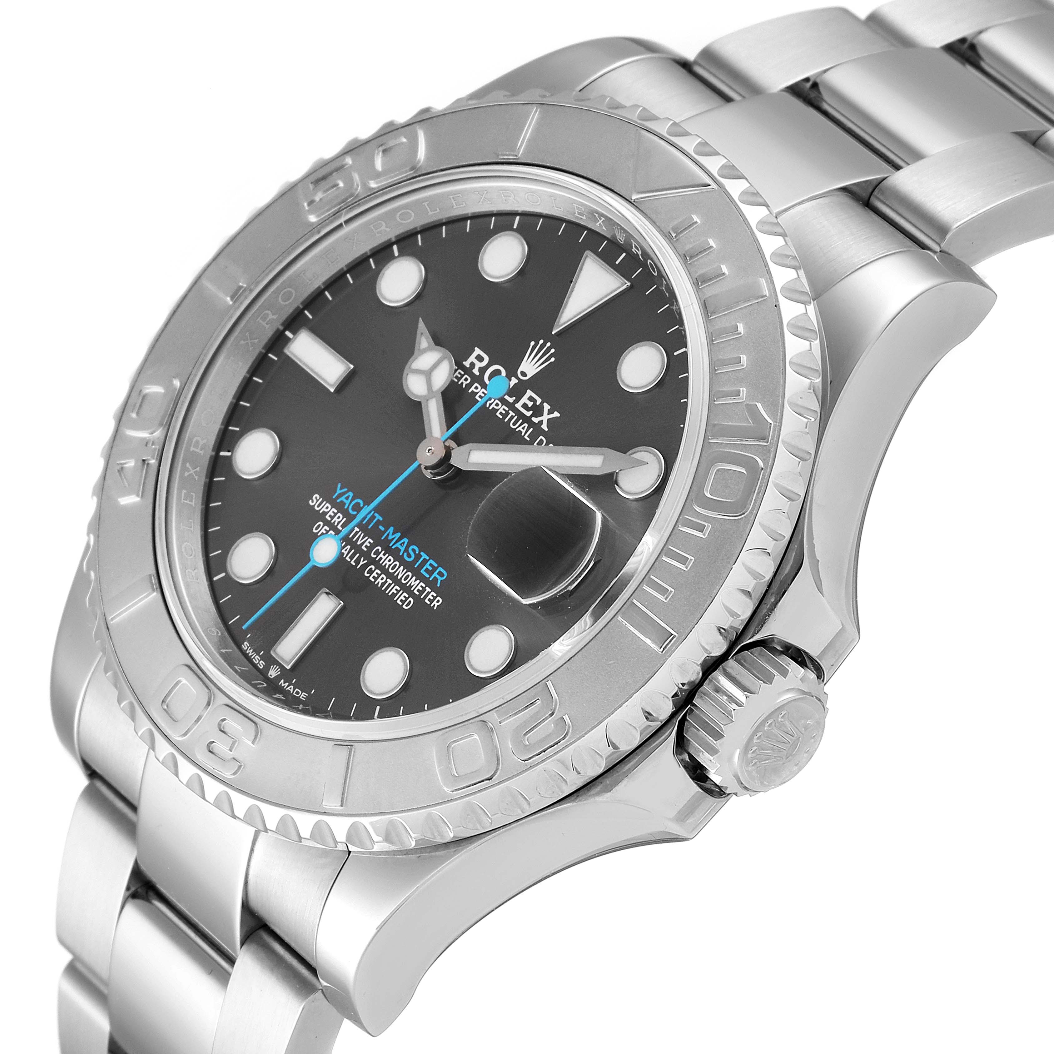 This close-up angle shows the Rolex Yacht-Master 126622 Men
s Stainless Steel Grey Dial 126622 Men
s Stainless Steel Grey Dial
s dial, bezel, crown, and part of the bracelet.