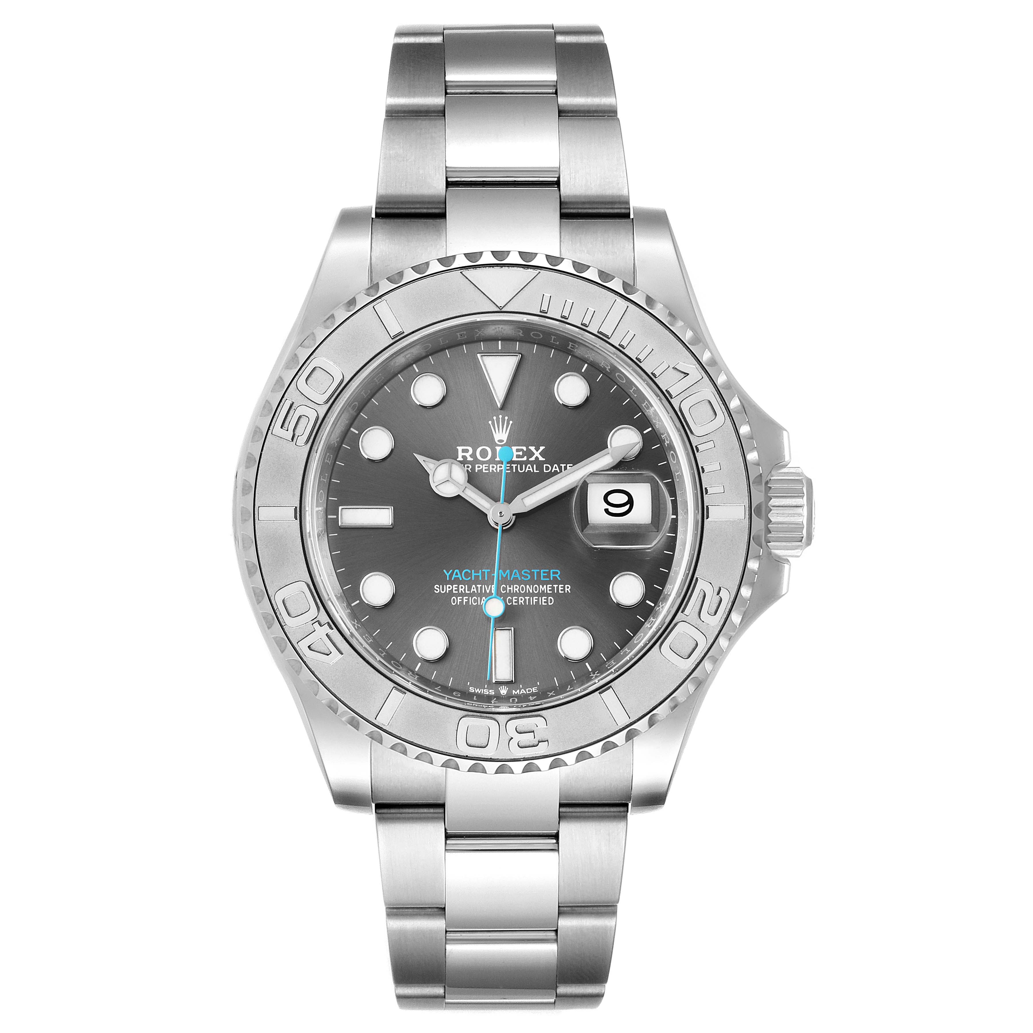 The image shows a front view of the Rolex Yacht-Master 126622 Men
s Stainless Steel Grey Dial 126622 Men
s Stainless Steel Grey Dial watch, displaying its face, bezel, and bracelet.
