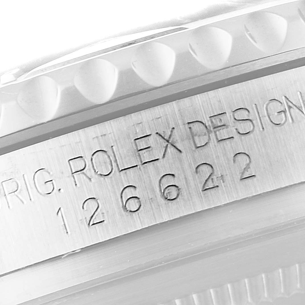 This close-up image shows the bezel and the engraved serial number of the Rolex Yacht-Master 126622 Men
s Stainless Steel Grey Dial 126622 Men
s Stainless Steel Grey Dial watch.