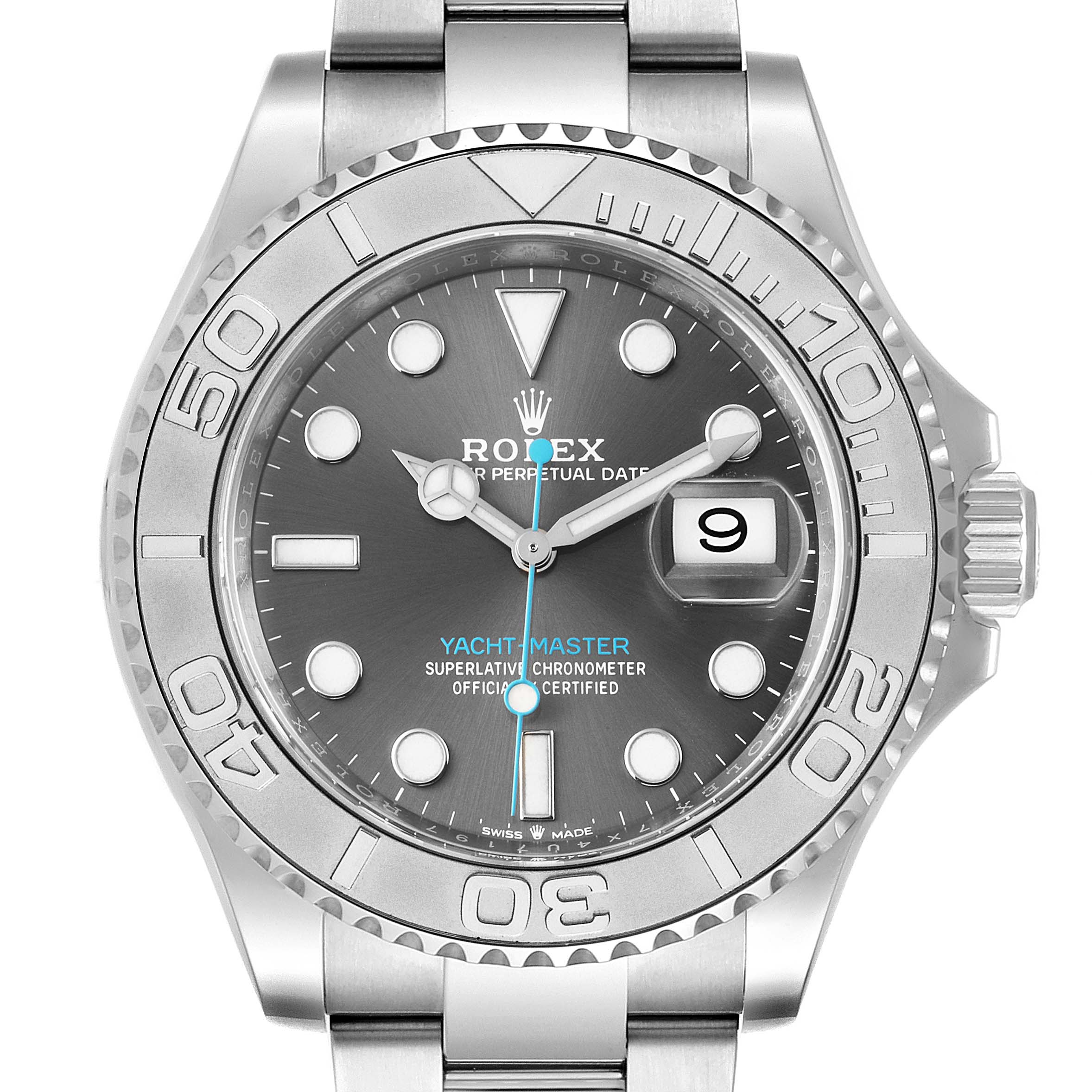The image shows a front view of a Rolex Yacht-Master 126622 Men
s Stainless Steel Grey Dial 126622 Men
s Stainless Steel Grey Dial watch displaying the dial, bezel, hands, and date.