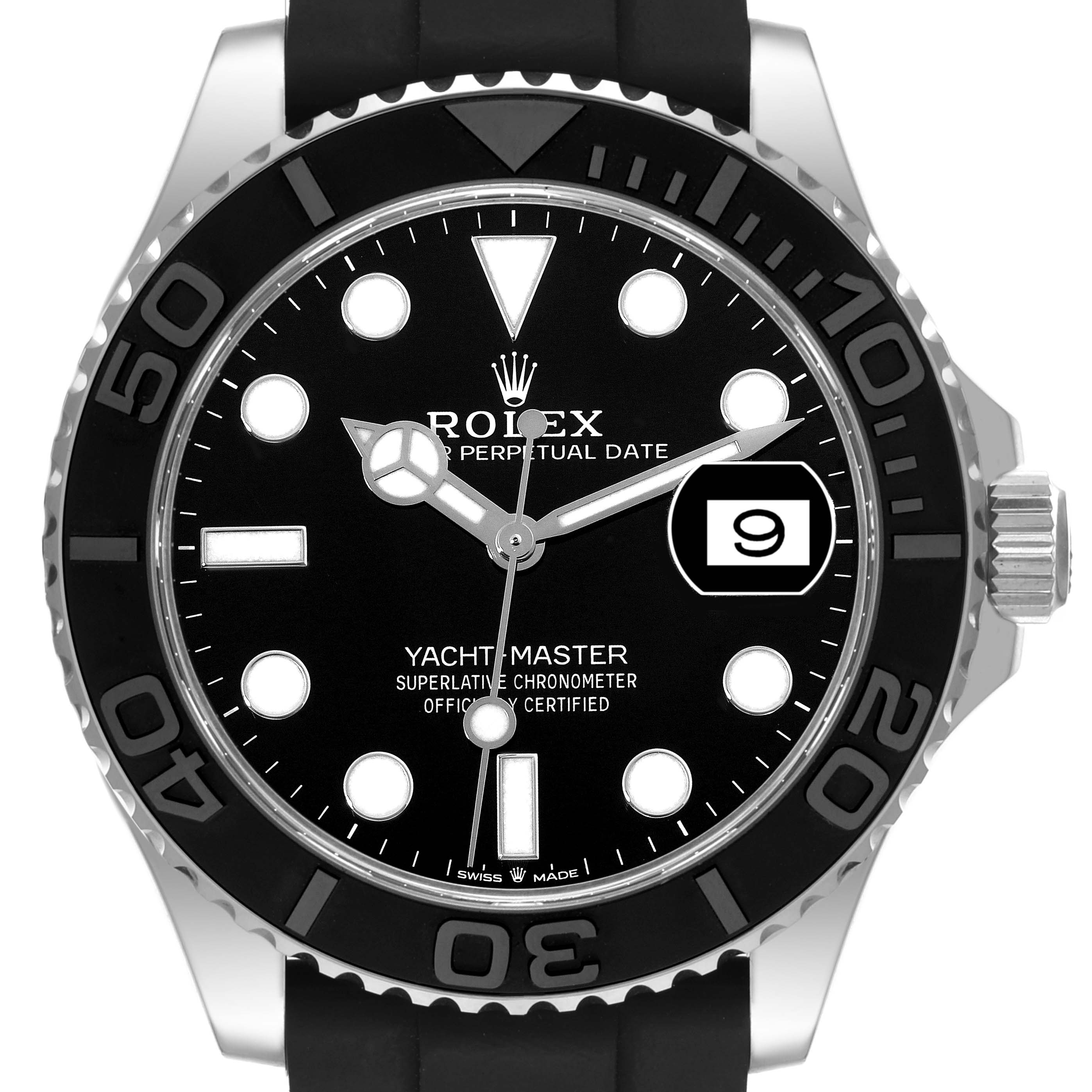 The Rolex Yacht-Master 226659 Men
s White Gold Black Dial 226659 Men
s White Gold Black Dial watch is shown from a front angle, displaying the face, bezel, crown, and part of the strap.