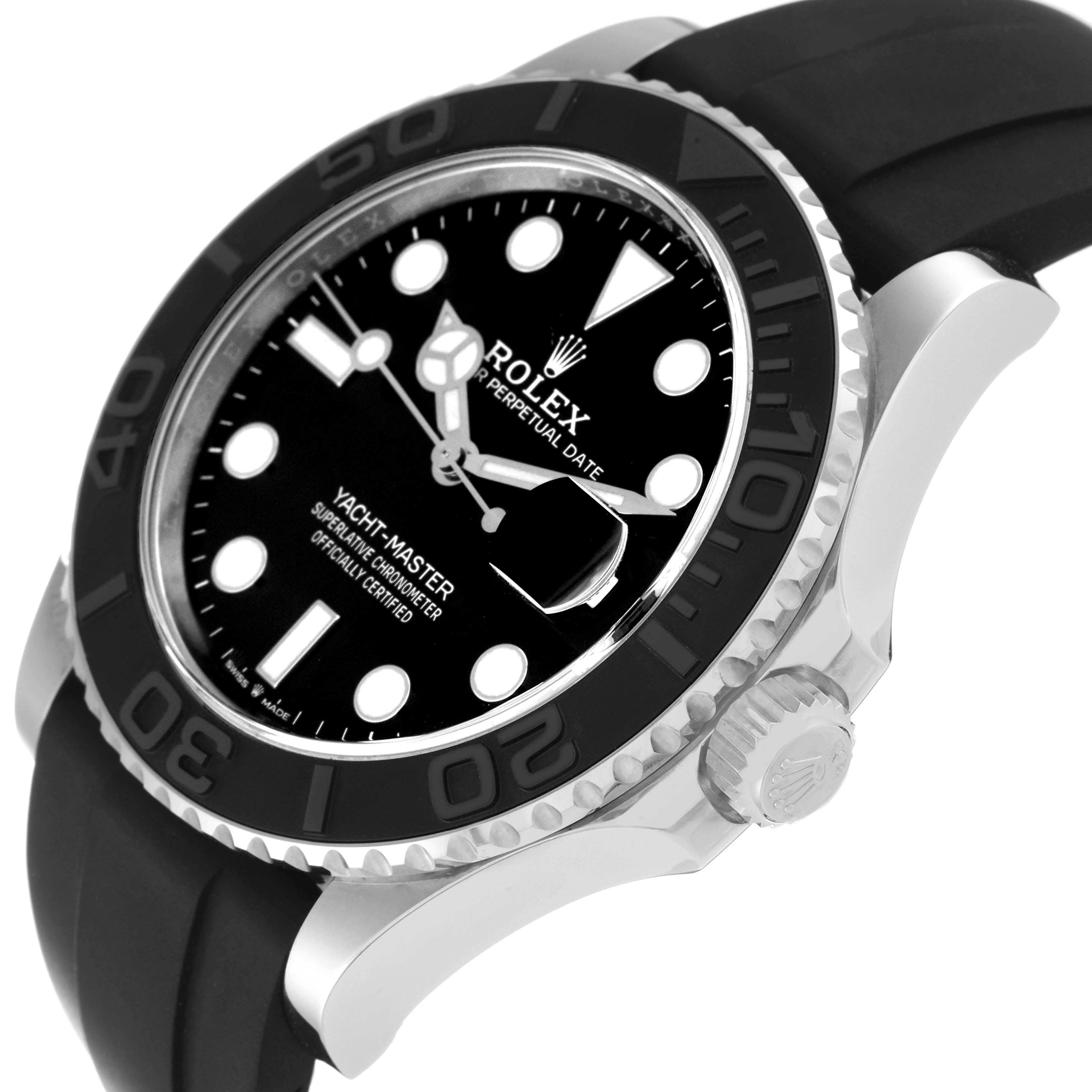 This image shows the Rolex Yacht-Master 226659 Men
s White Gold Black Dial 226659 Men
s White Gold Black Dial watch at an angled side view highlighting the black dial, bezel, and crown.