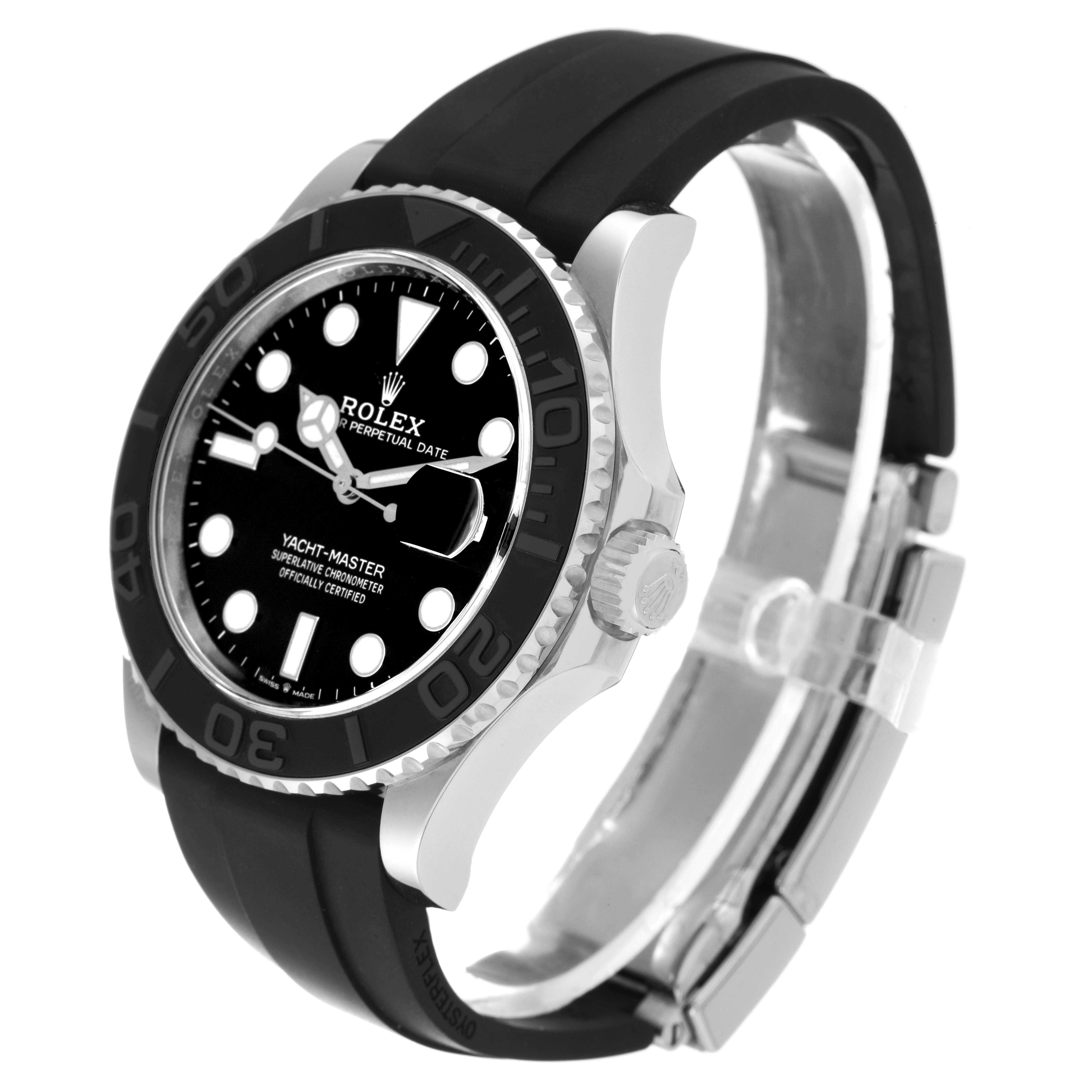 The Rolex Yacht-Master 226659 Men
s White Gold Black Dial 226659 Men
s White Gold Black Dial watch is shown at an angle displaying the face, bezel, crown, and black rubber strap.