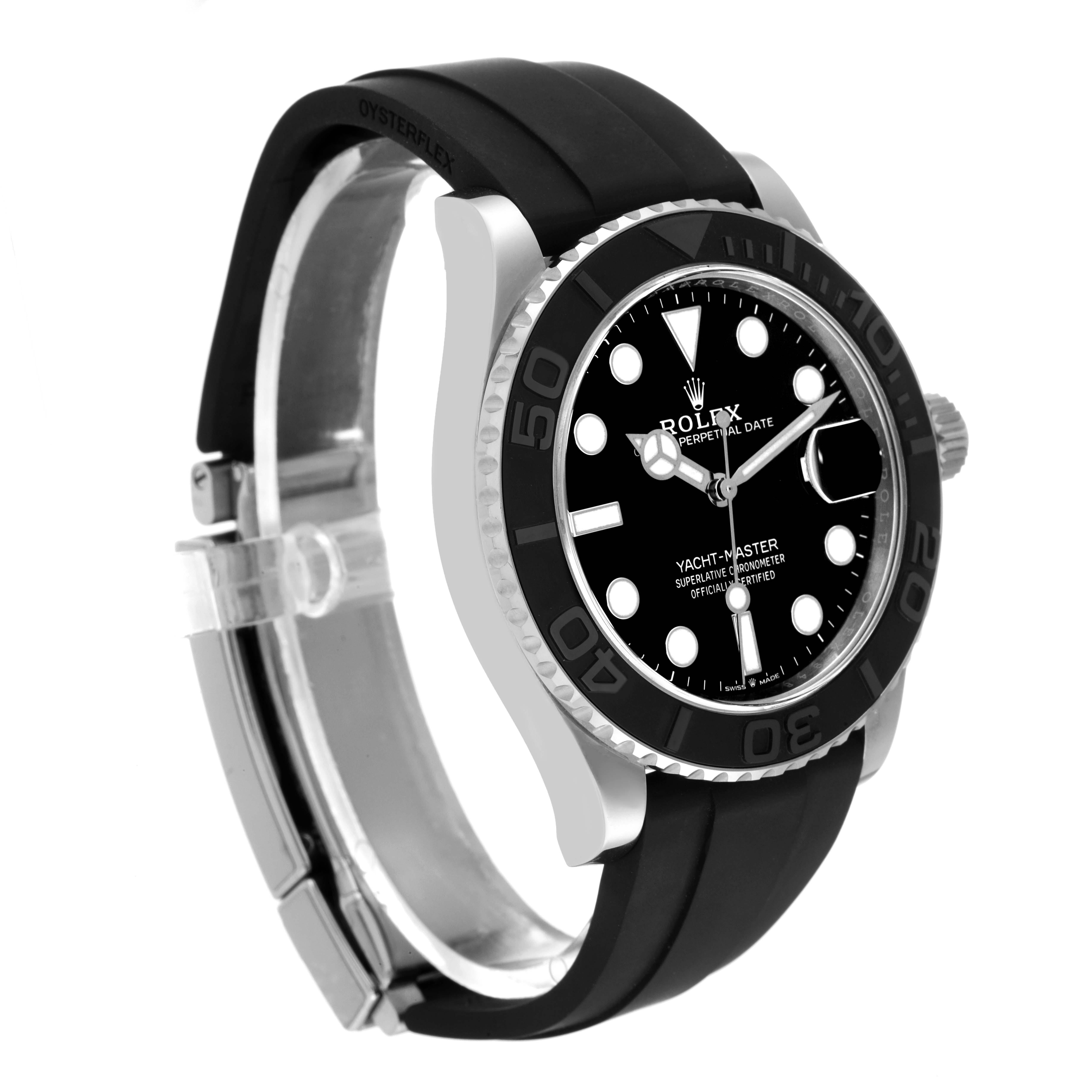 The Rolex Yacht-Master 226659 Men
s White Gold Black Dial 226659 Men
s White Gold Black Dial watch is shown at a three-quarter angle, highlighting its black dial, bezel, and rubber strap.