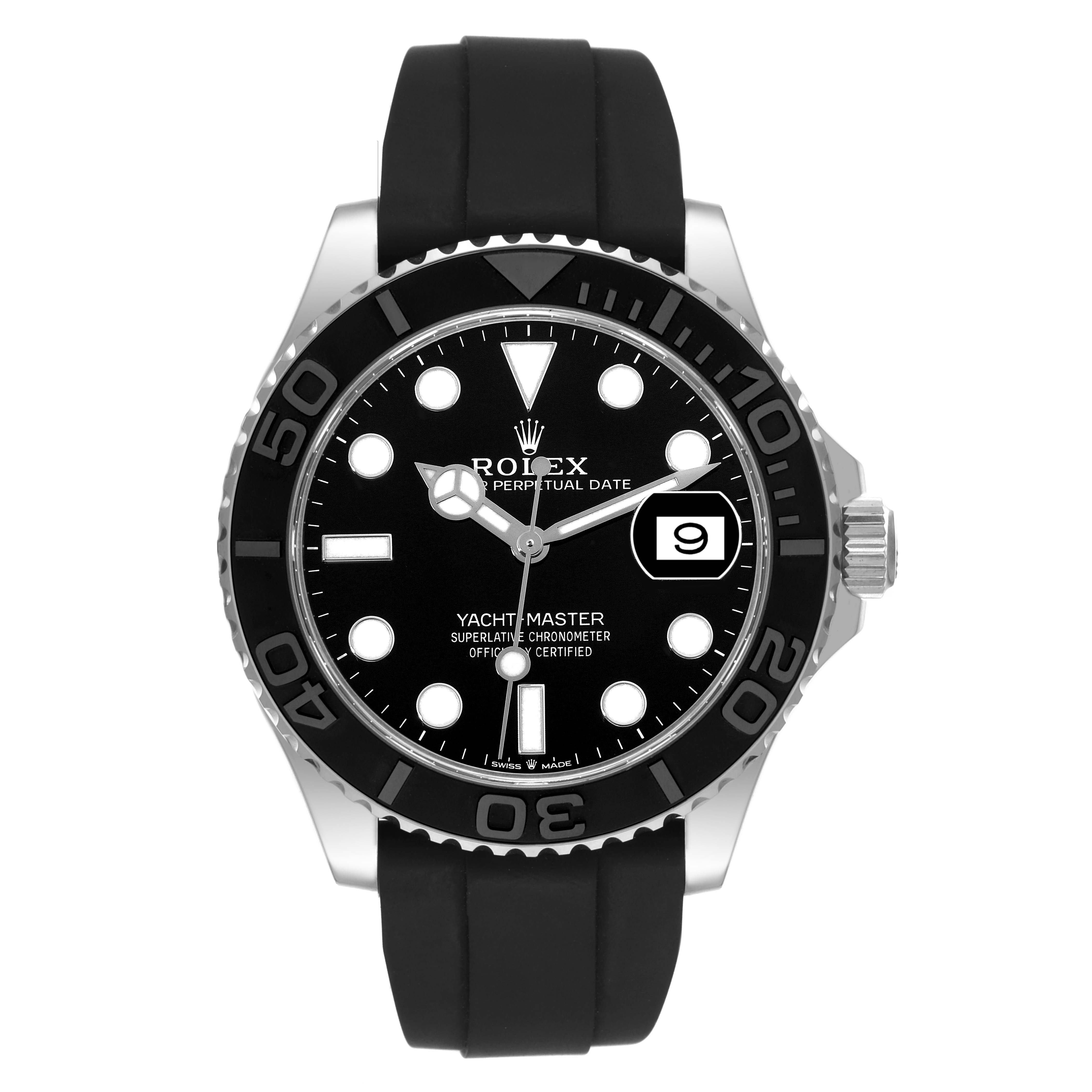 The image shows a front view of a Rolex Yacht-Master 226659 Men
s White Gold Black Dial 226659 Men
s White Gold Black Dial watch with a black dial, black bezel, date display, and black rubber strap.
