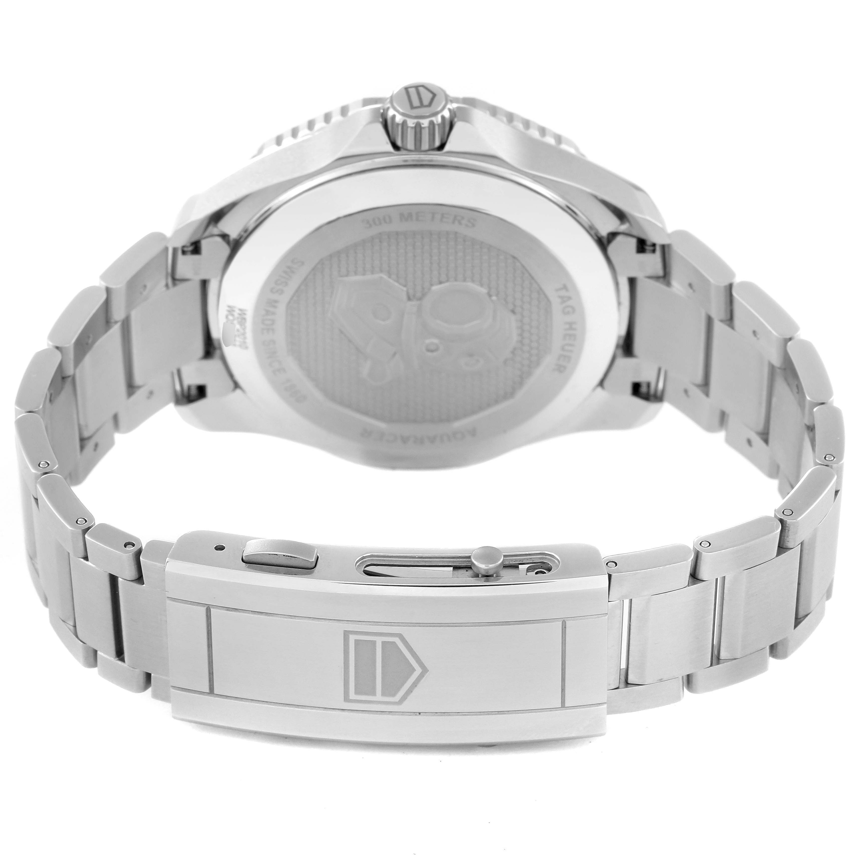 This image shows the back case and clasp of the Tag Heuer Aquaracer WBP2010.BA0632 Men's Stainless Steel Blue Dial WBP2010.BA0632 Men's Stainless Steel Blue Dial watch from a rear angle.