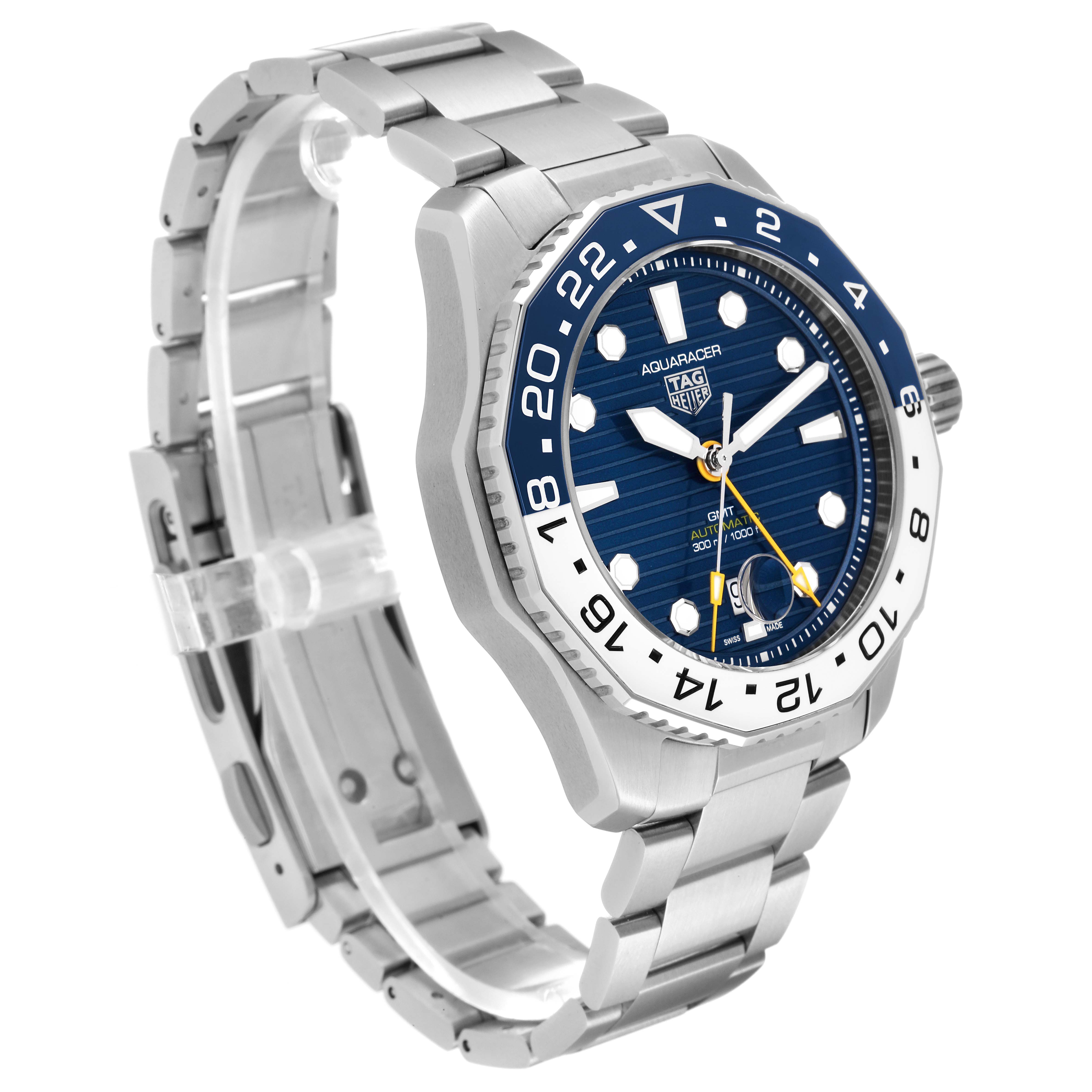 This image shows a Tag Heuer Aquaracer WBP2010.BA0632 Men's Stainless Steel Blue Dial WBP2010.BA0632 Men's Stainless Steel Blue Dial watch at a front angle, highlighting its blue dial, bezel, and stainless steel bracelet.