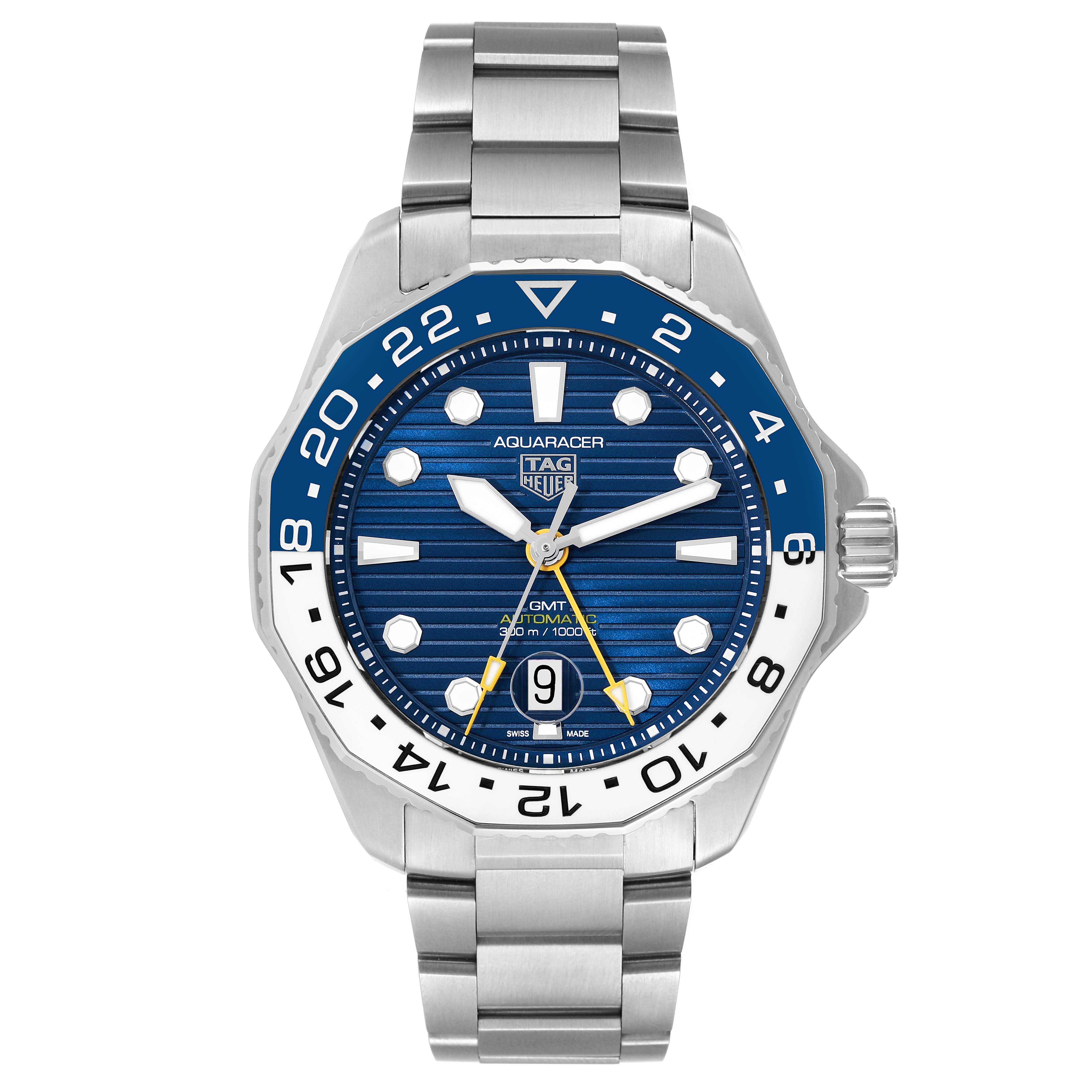 The image shows a front view of a Tag Heuer Aquaracer WBP2010.BA0632 Men's Stainless Steel Blue Dial WBP2010.BA0632 Men's Stainless Steel Blue Dial model watch, highlighting the dial, bezel, and metal bracelet.