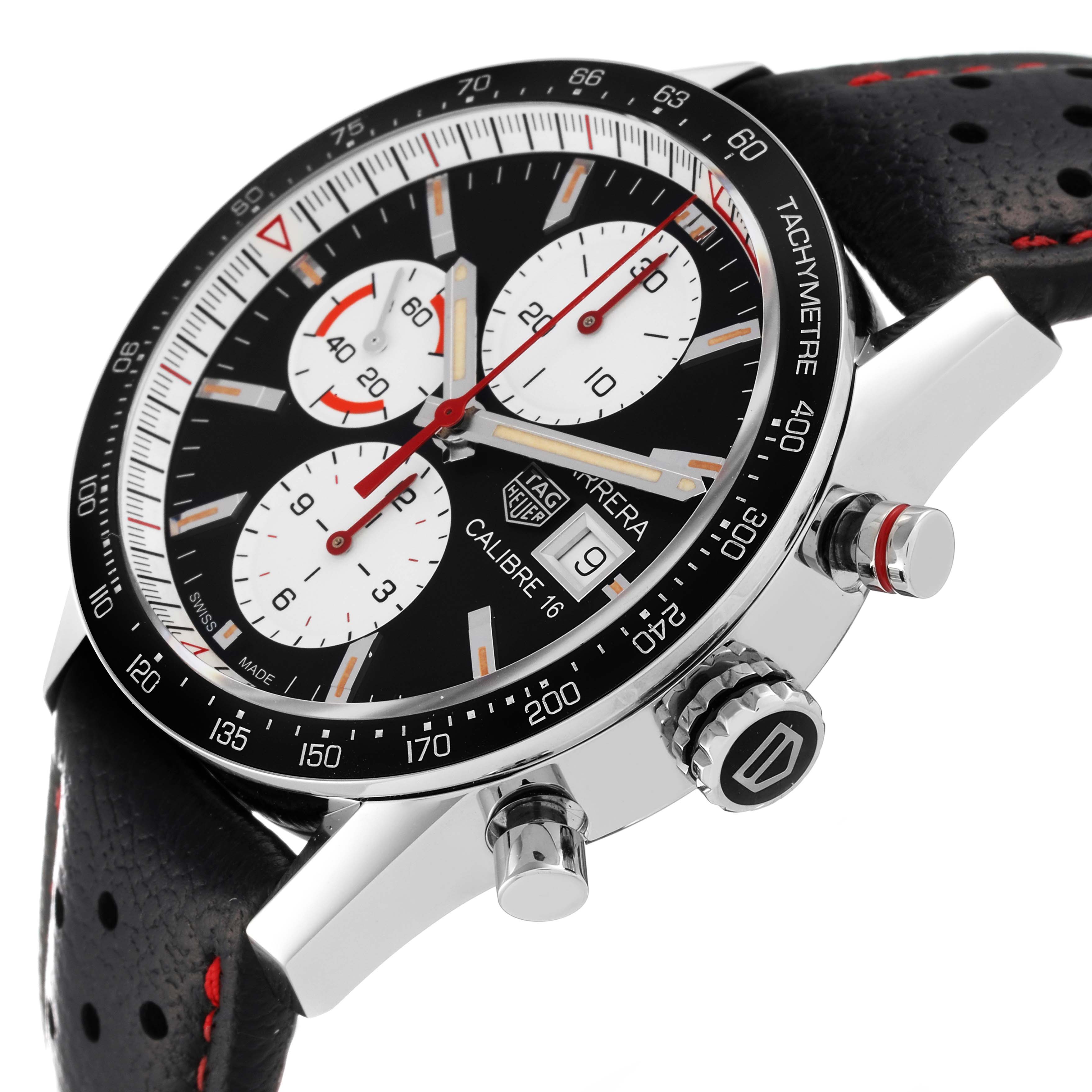 The image shows a close-up, angled view of a Tag Heuer Carrera CV201AP.FC6429 Men's Stainless Steel Black Dial CV201AP.FC6429 Men's Stainless Steel Black Dial watch, focusing on the dial, bezel, crown, and part of the leather strap.