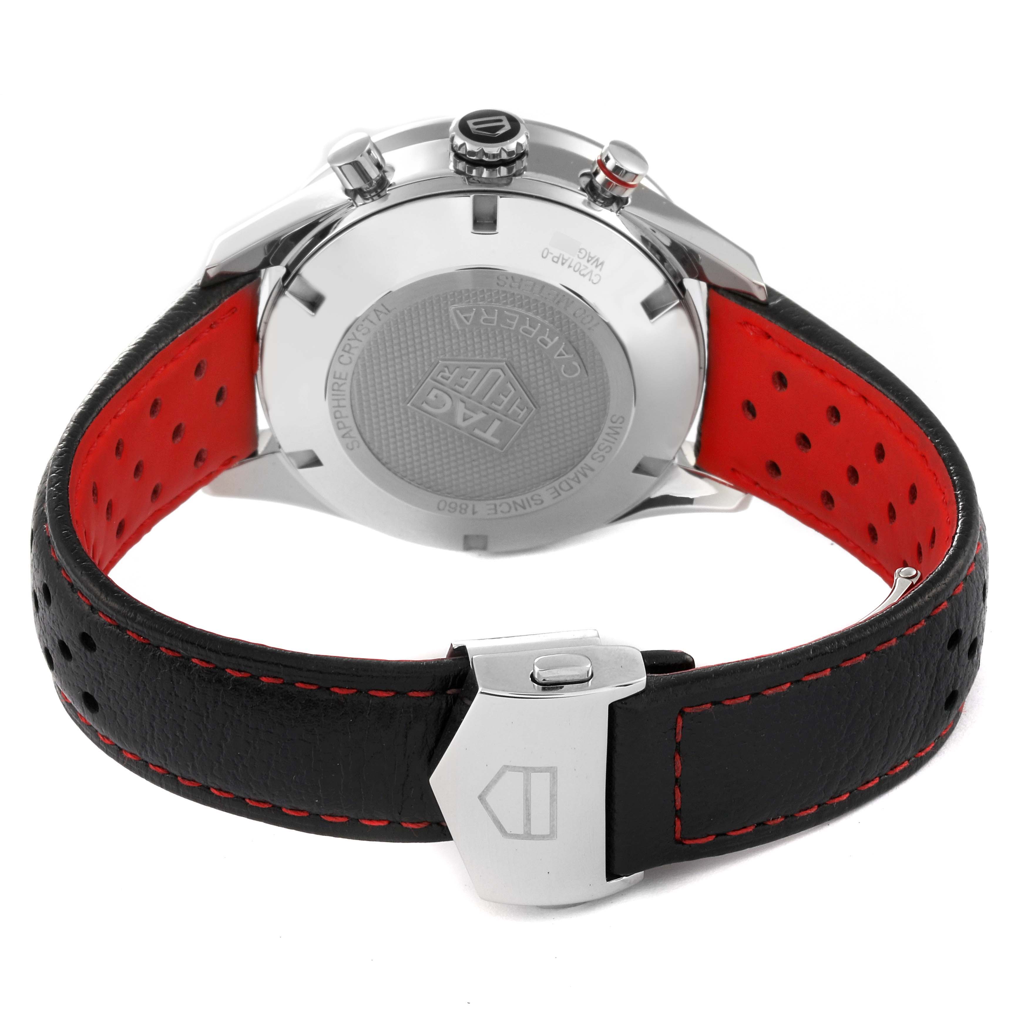 The image shows the backside of the Tag Heuer Carrera CV201AP.FC6429 Men's Stainless Steel Black Dial CV201AP.FC6429 Men's Stainless Steel Black Dial watch with a focus on the case back and leather strap.