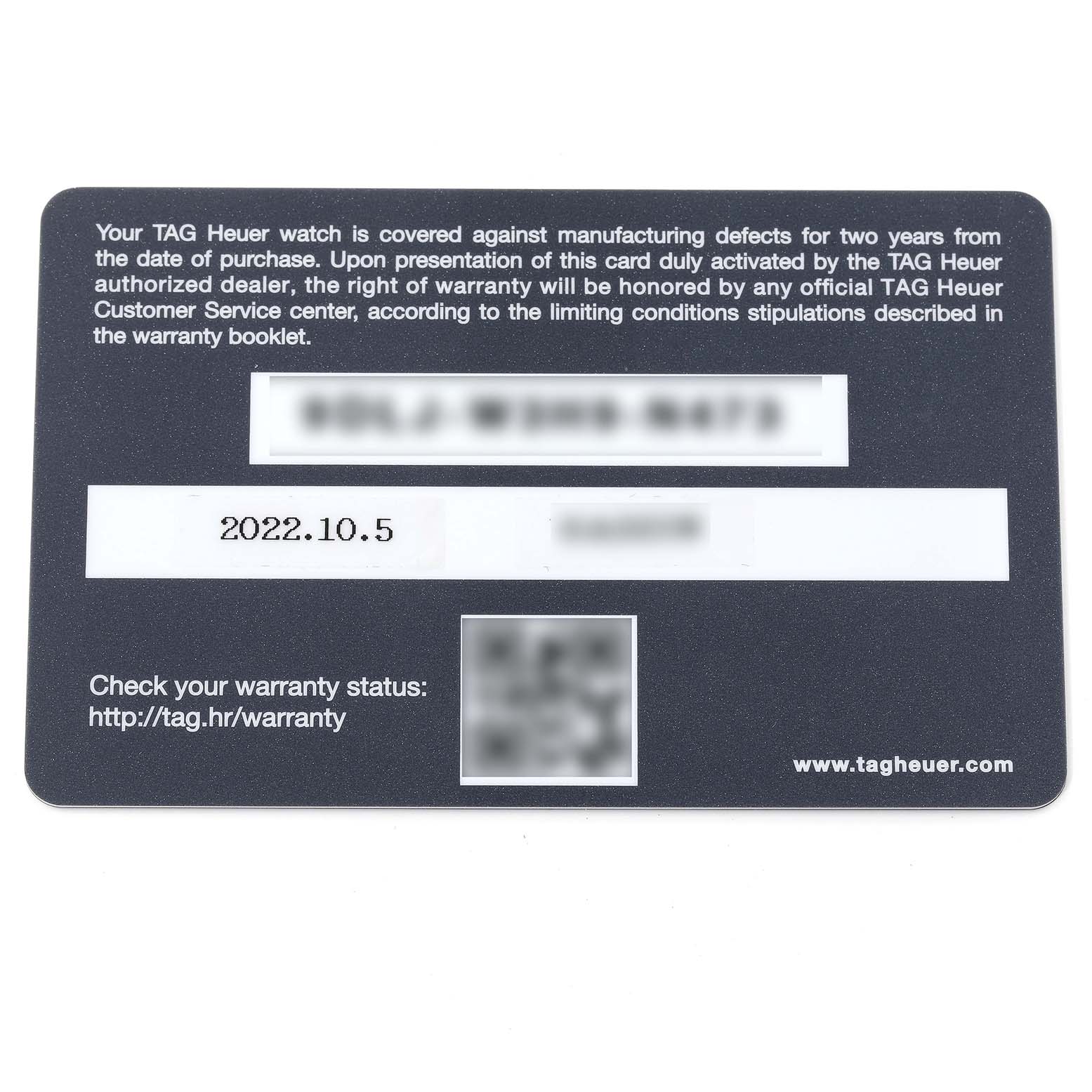 The image shows the warranty card for the Tag Heuer Carrera CV201AP.FC6429 Men's Stainless Steel Black Dial CV201AP.FC6429 Men's Stainless Steel Black Dial model watch, featuring purchase date and warranty details.