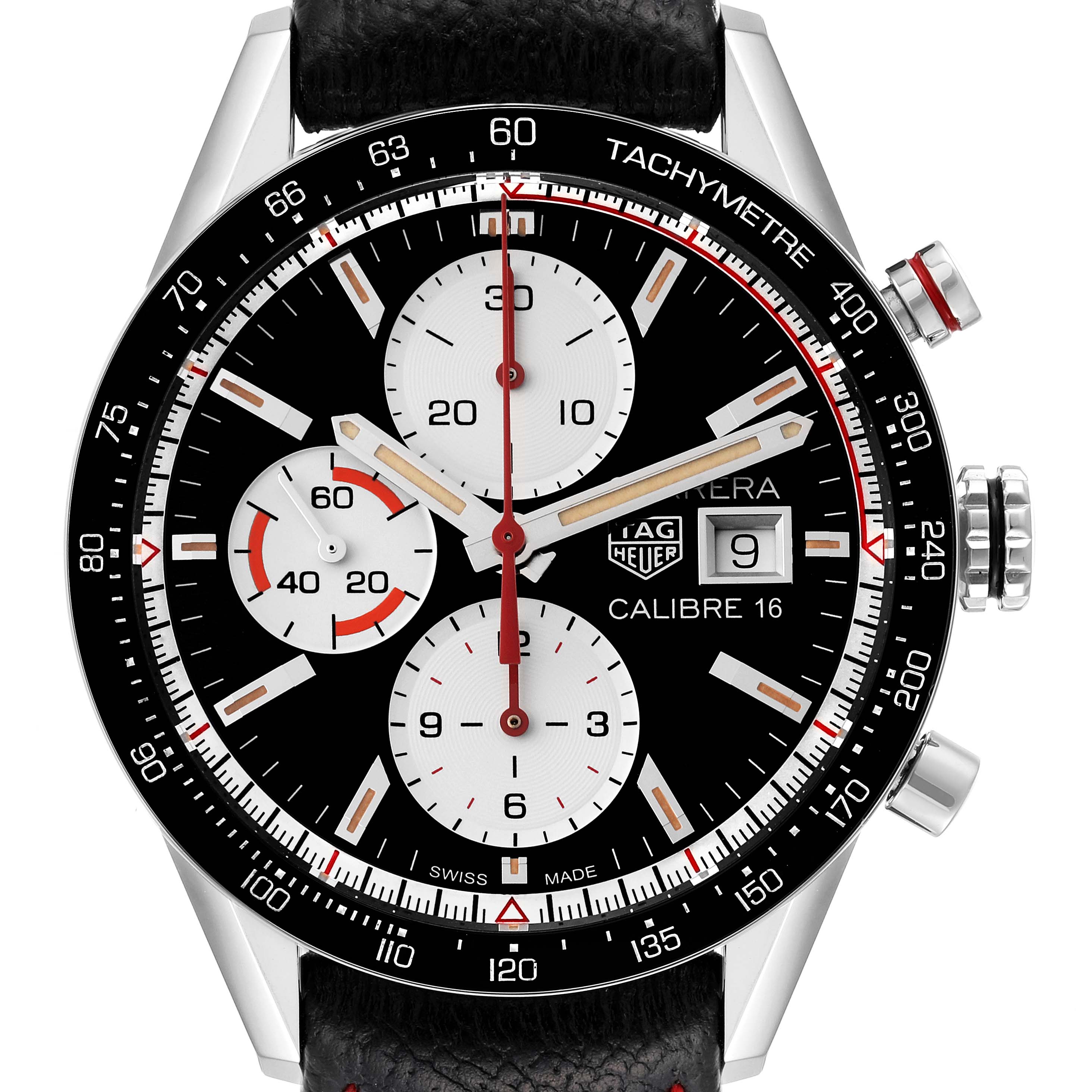 This image of the Tag Heuer Carrera CV201AP.FC6429 Men's Stainless Steel Black Dial CV201AP.FC6429 Men's Stainless Steel Black Dial watch shows the face with chronograph sub-dials, tachymeter, and date window.
