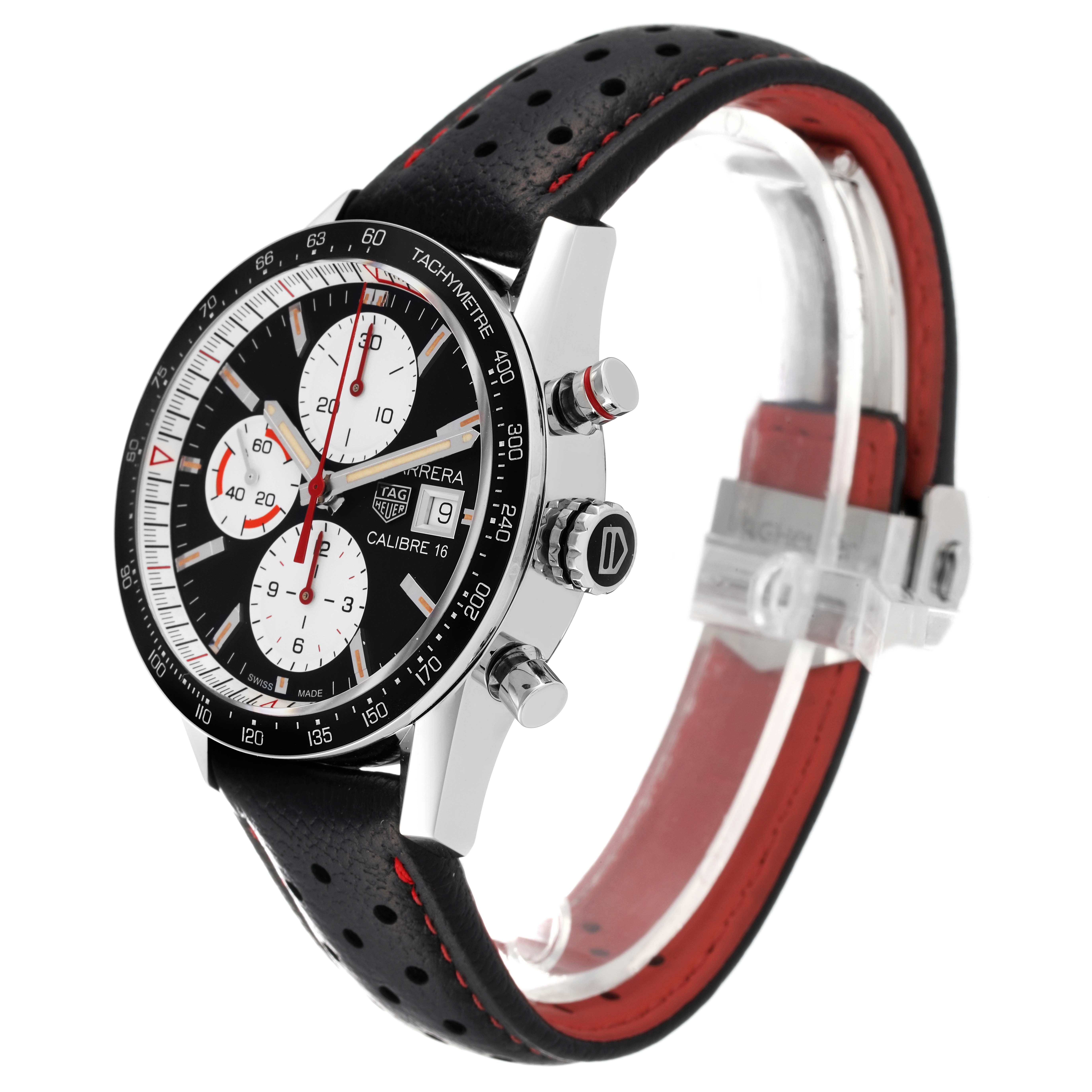 This angled view shows the face, crown, push buttons, and leather strap of the Tag Heuer Carrera CV201AP.FC6429 Men's Stainless Steel Black Dial CV201AP.FC6429 Men's Stainless Steel Black Dial watch.