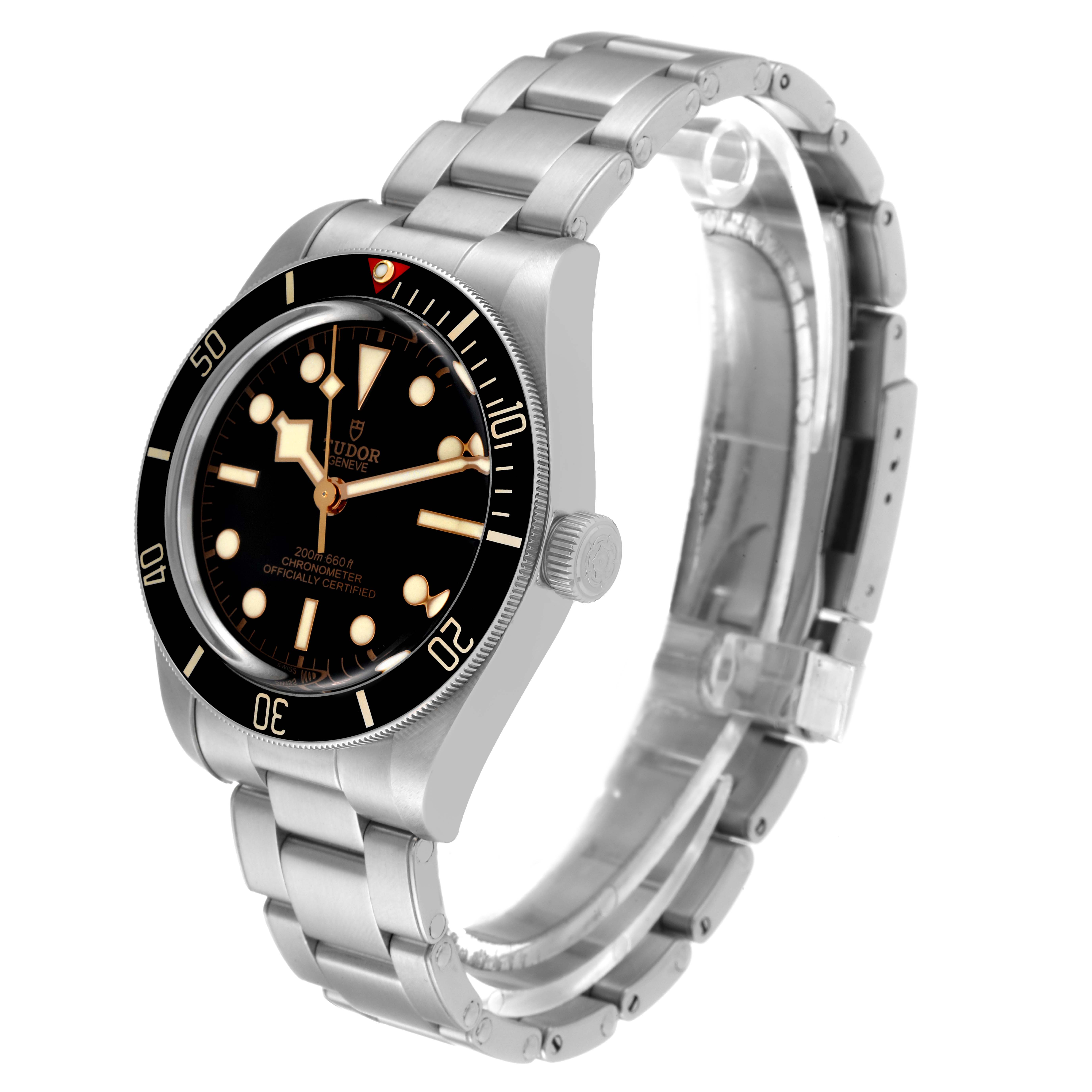 The Tudor Heritage Black Bay M79030N-0001 Men's Stainless Steel Black Dial M79030N-0001 Men's Stainless Steel Black Dial watch is shown at a slight angle, displaying its face, bezel, crown, and stainless steel bracelet.
