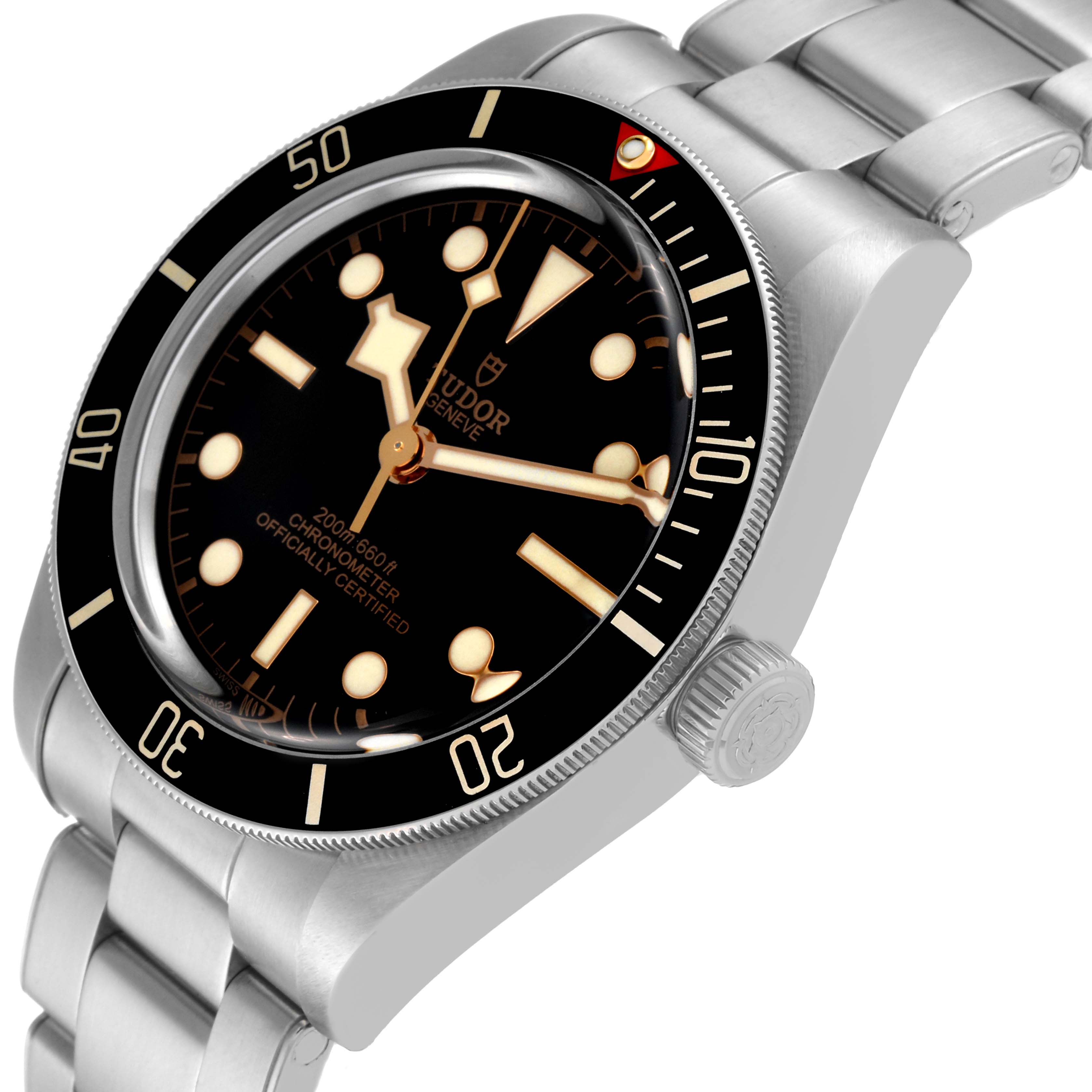 This image shows the Tudor Heritage Black Bay M79030N-0001 Men's Stainless Steel Black Dial M79030N-0001 Men's Stainless Steel Black Dial watch at an angle, highlighting its dial, bezel, hands, crown, and part of the bracelet.