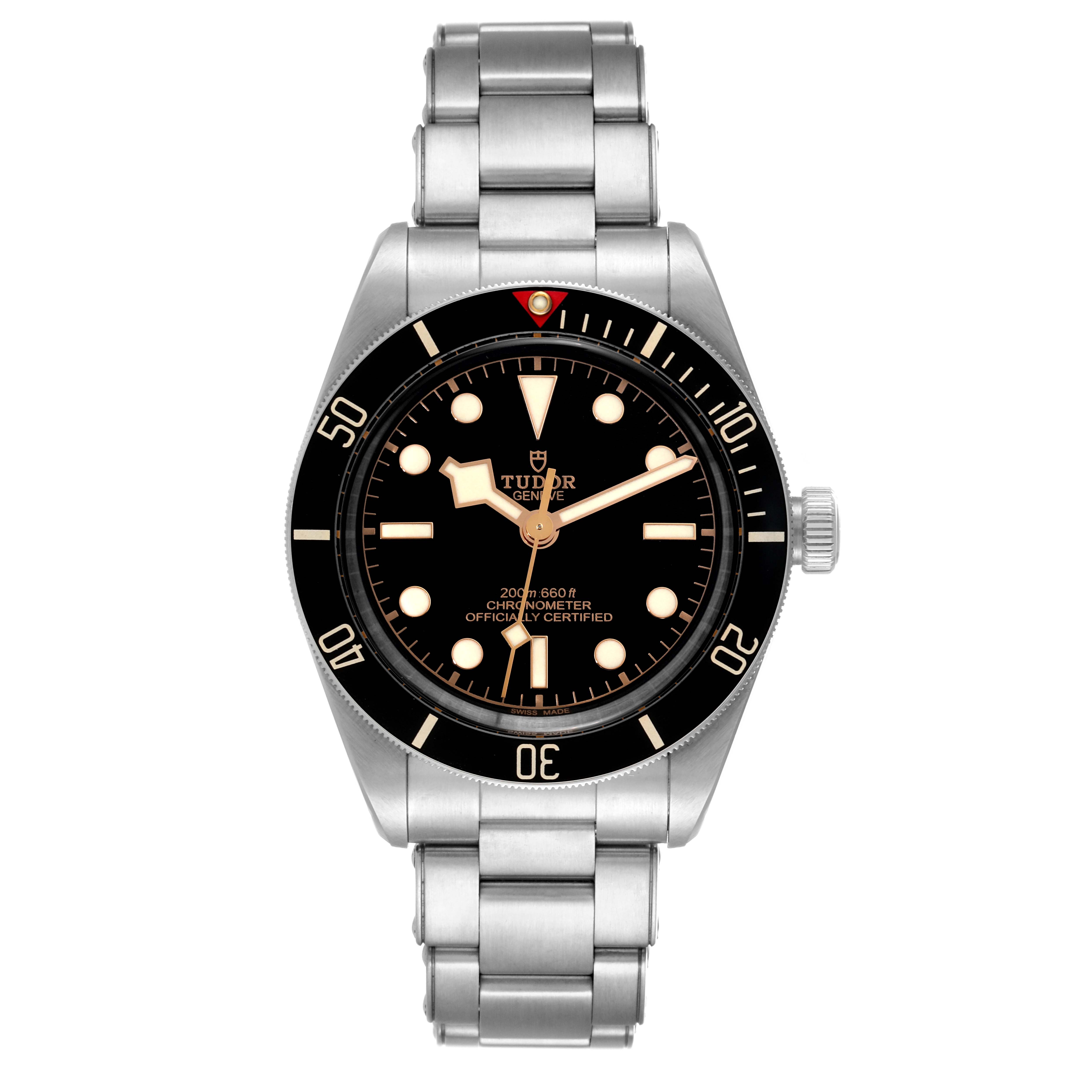 The Tudor Heritage Black Bay M79030N-0001 Men's Stainless Steel Black Dial M79030N-0001 Men's Stainless Steel Black Dial watch is shown from a front angle, highlighting its face, bezel, and metal bracelet.