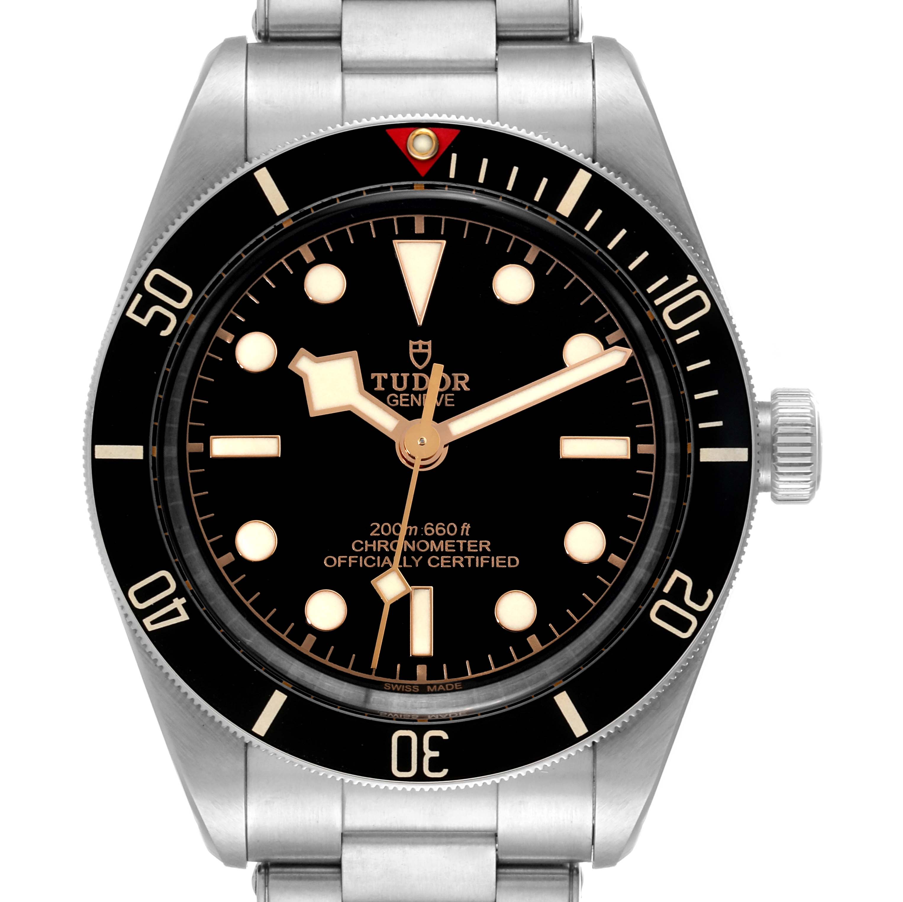 This image features a front-facing view of the Tudor Heritage Black Bay M79030N-0001 Men's Stainless Steel Black Dial M79030N-0001 Men's Stainless Steel Black Dial watch, showcasing its dial, bezel, and stainless steel bracelet.