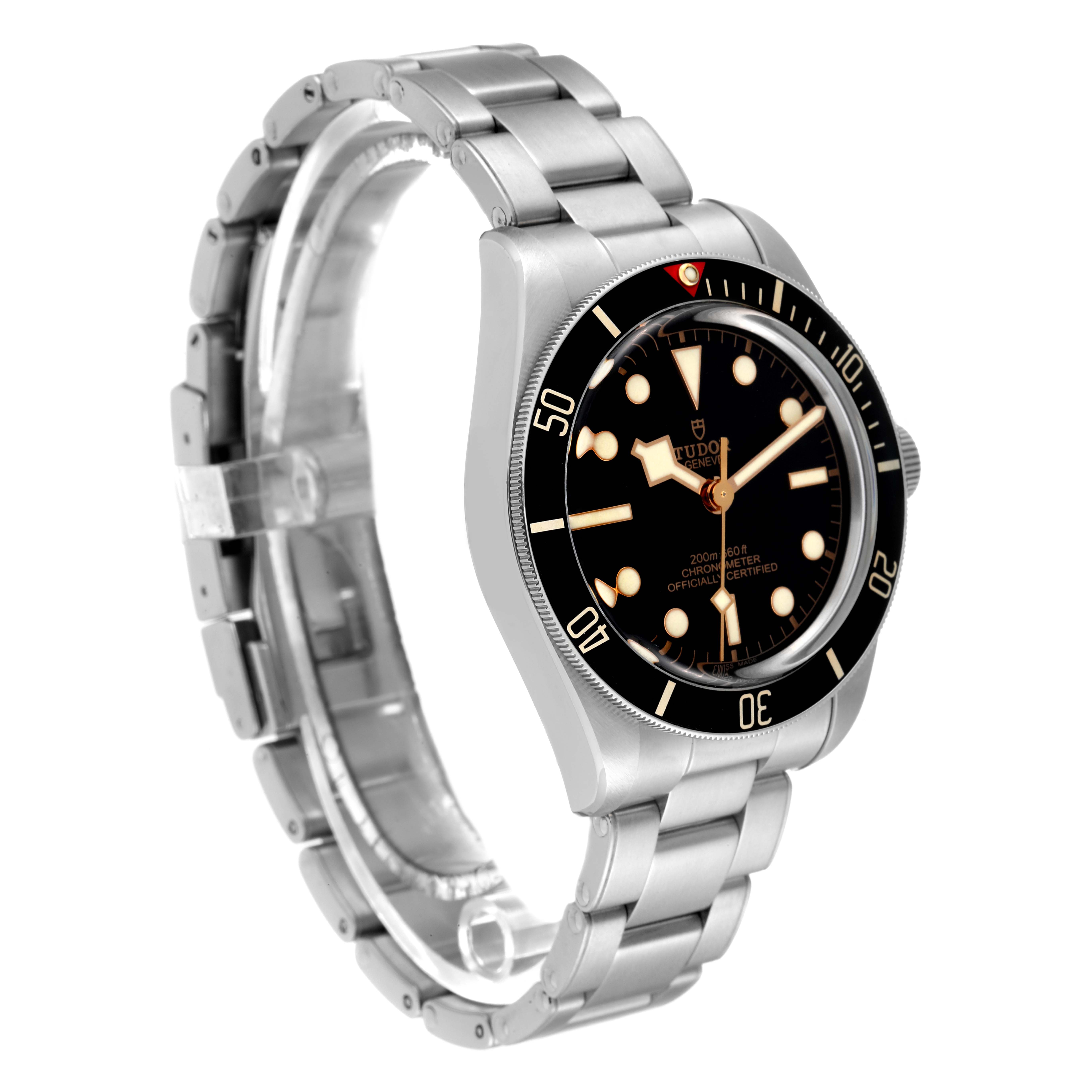 The image shows a side angle of the Tudor Heritage Black Bay M79030N-0001 Men's Stainless Steel Black Dial M79030N-0001 Men's Stainless Steel Black Dial watch, highlighting its face, bezel, and bracelet.